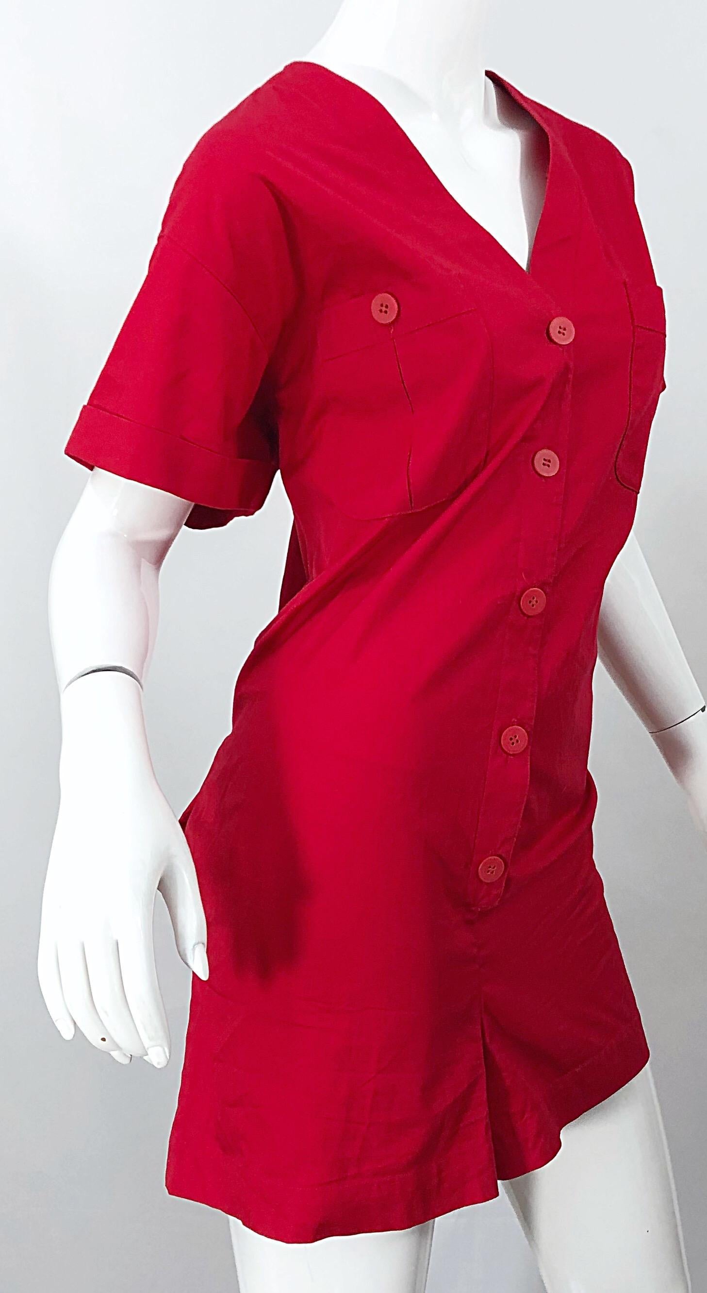 NWT Vintage Christian Dior Romper Size 14 Lipstick Red Cotton One Piece Jumpsuit In New Condition For Sale In San Diego, CA