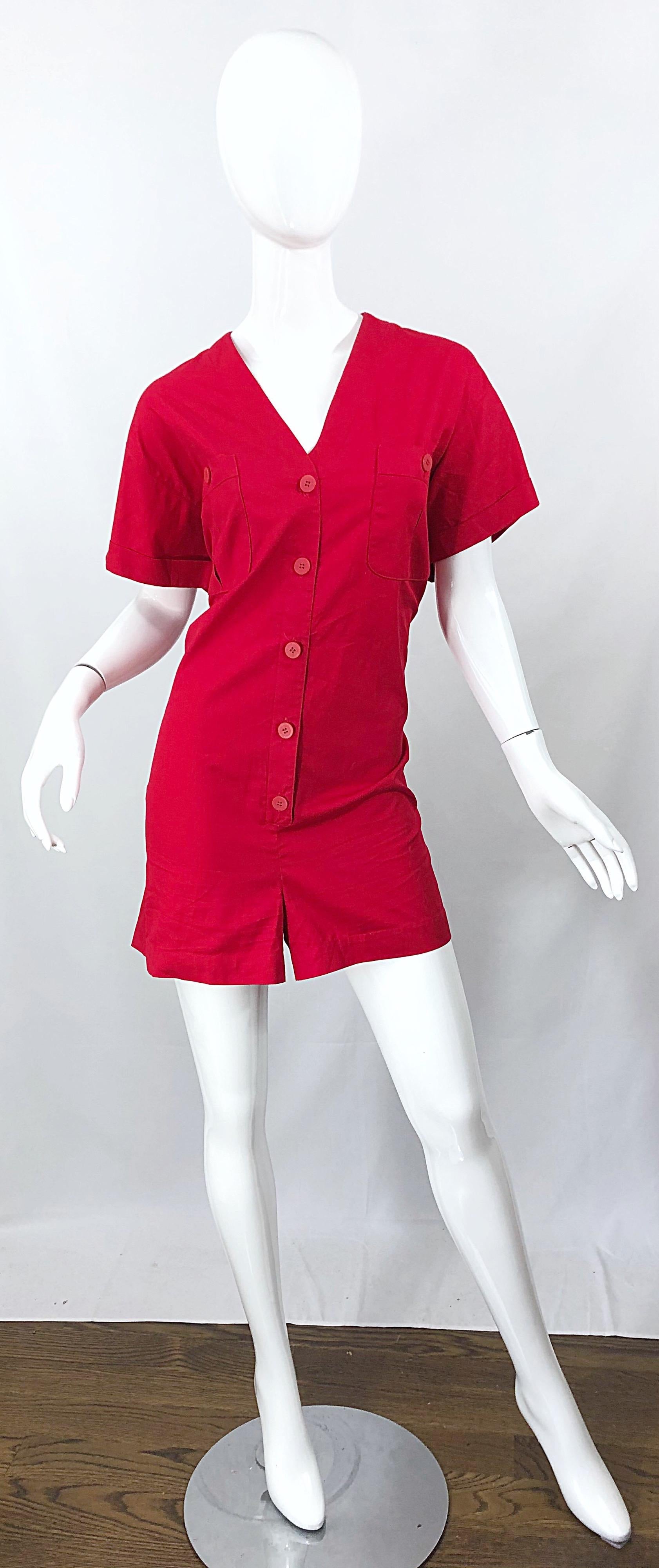 Women's NWT Vintage Christian Dior Romper Size 14 Lipstick Red Cotton One Piece Jumpsuit For Sale