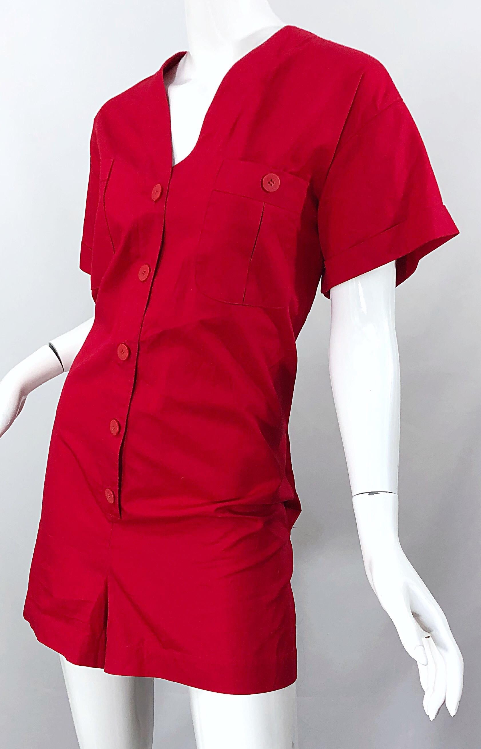 NWT Vintage Christian Dior Romper Size 14 Lipstick Red Cotton One Piece Jumpsuit For Sale 1