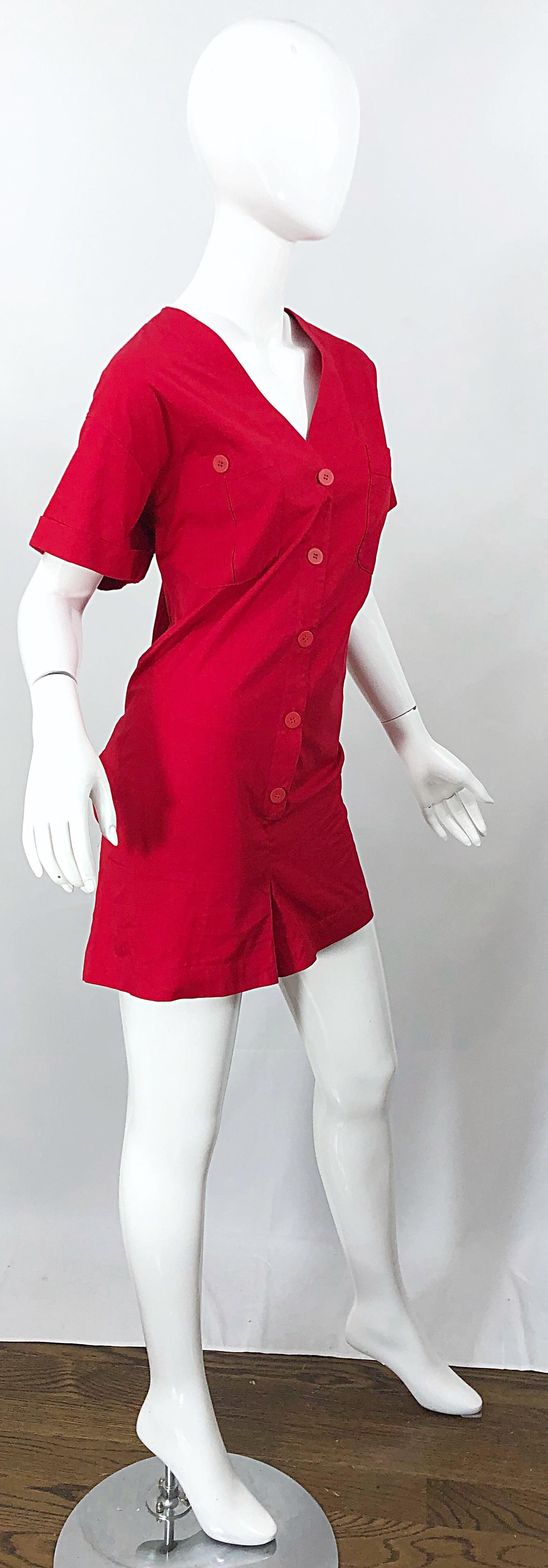 NWT Vintage Christian Dior Romper Size 14 Lipstick Red Cotton One Piece Jumpsuit For Sale 2