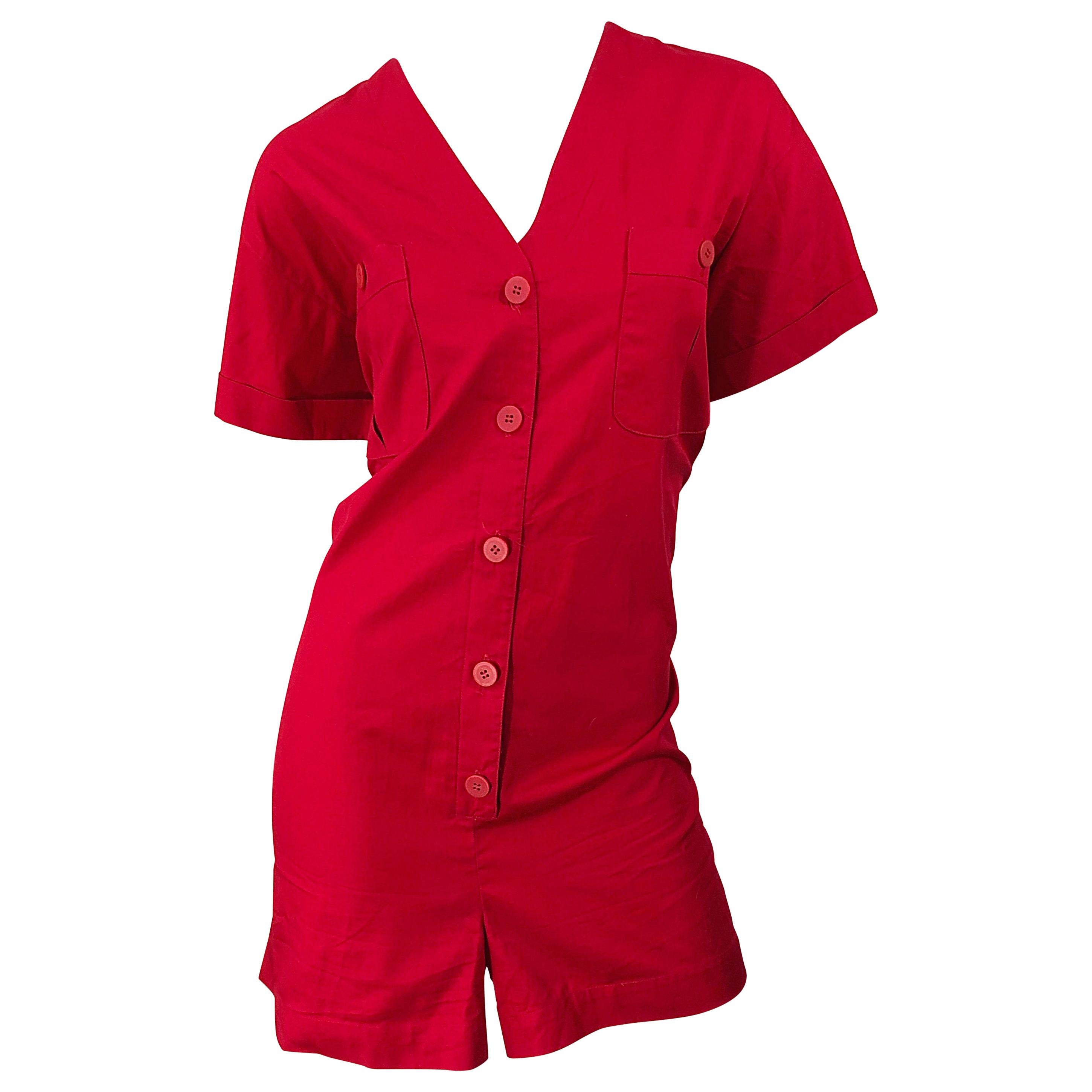 NWT Vintage Christian Dior Romper Tamaño 14 Lipstick Rojo Algodón Una Pieza Jumpsuit
