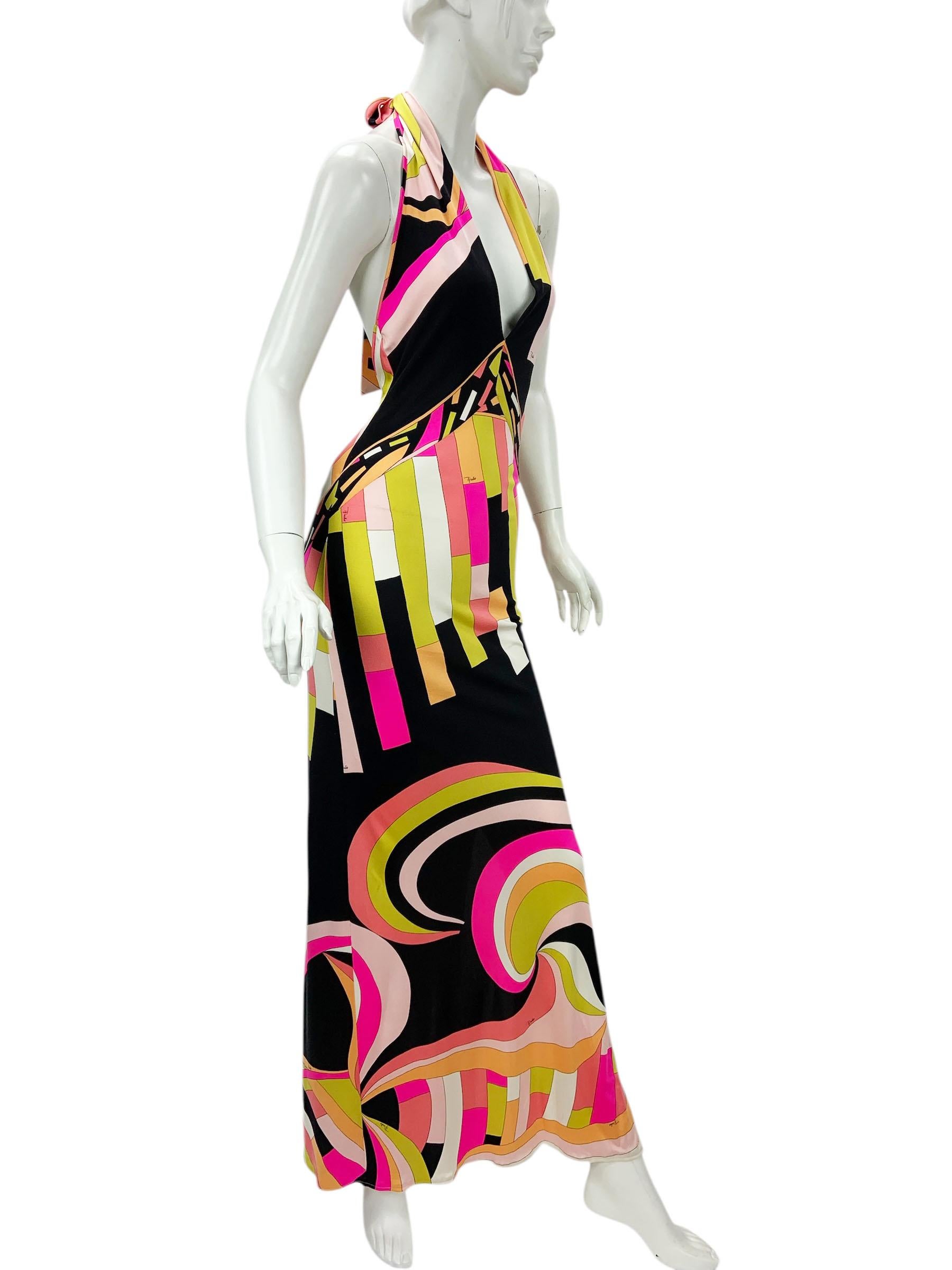 NWT Vintage Emilio Pucci Plunging Silk Print Stretch Jersey  Dress US 6 It 40 (Beige) im Angebot