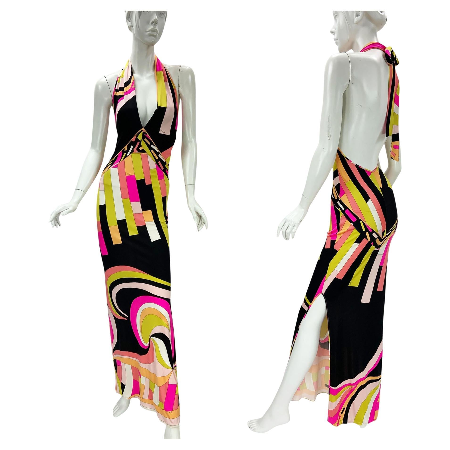 NWT Vintage Emilio Pucci Plunging Silk Print Stretch Jersey  Dress US 6 It 40 im Angebot