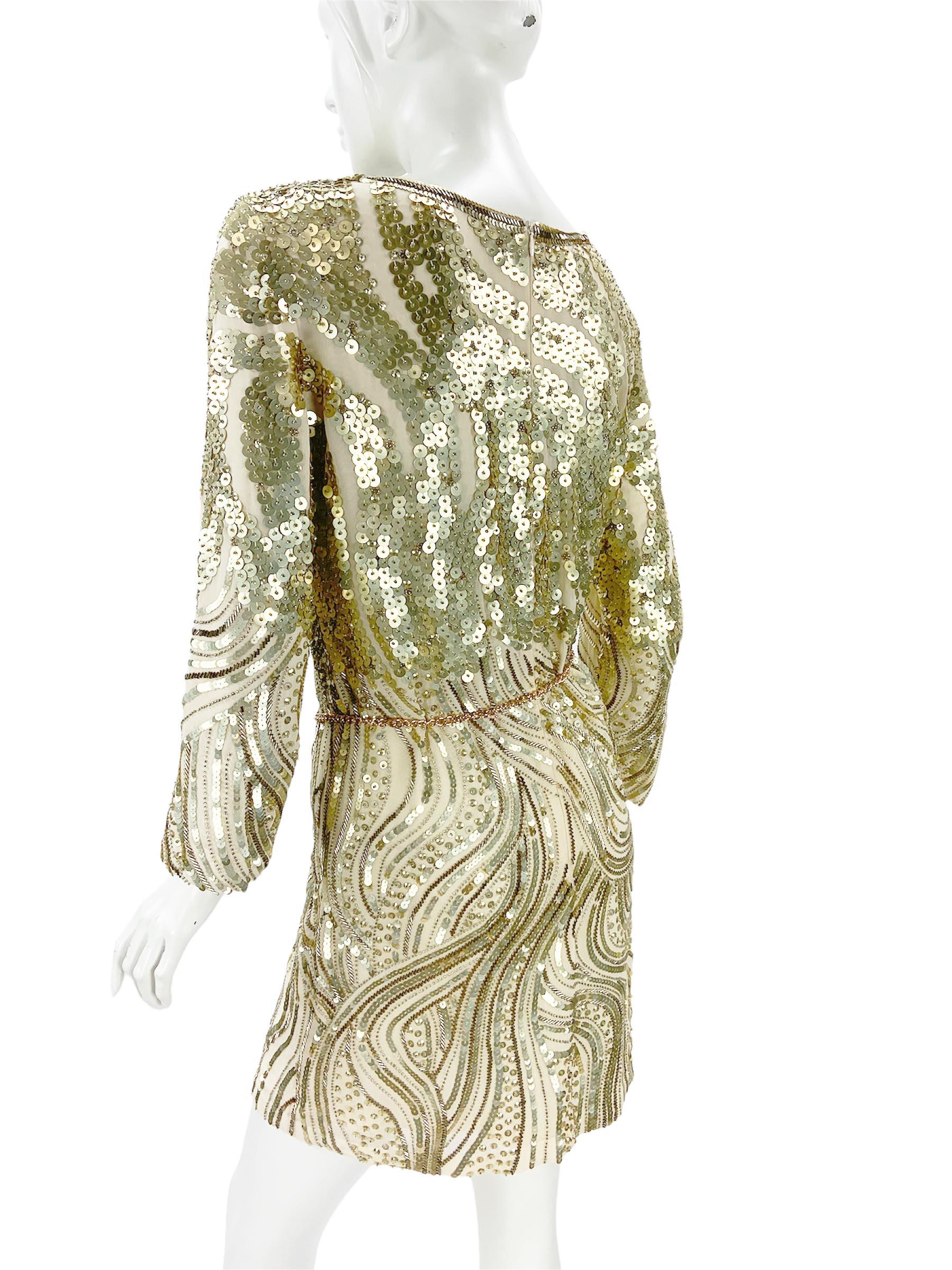 NWT Vintage Oscar de la Renta S/S 2011 Silk Mini Nude Sequin Evening Dress US 8 In New Condition For Sale In Montgomery, TX