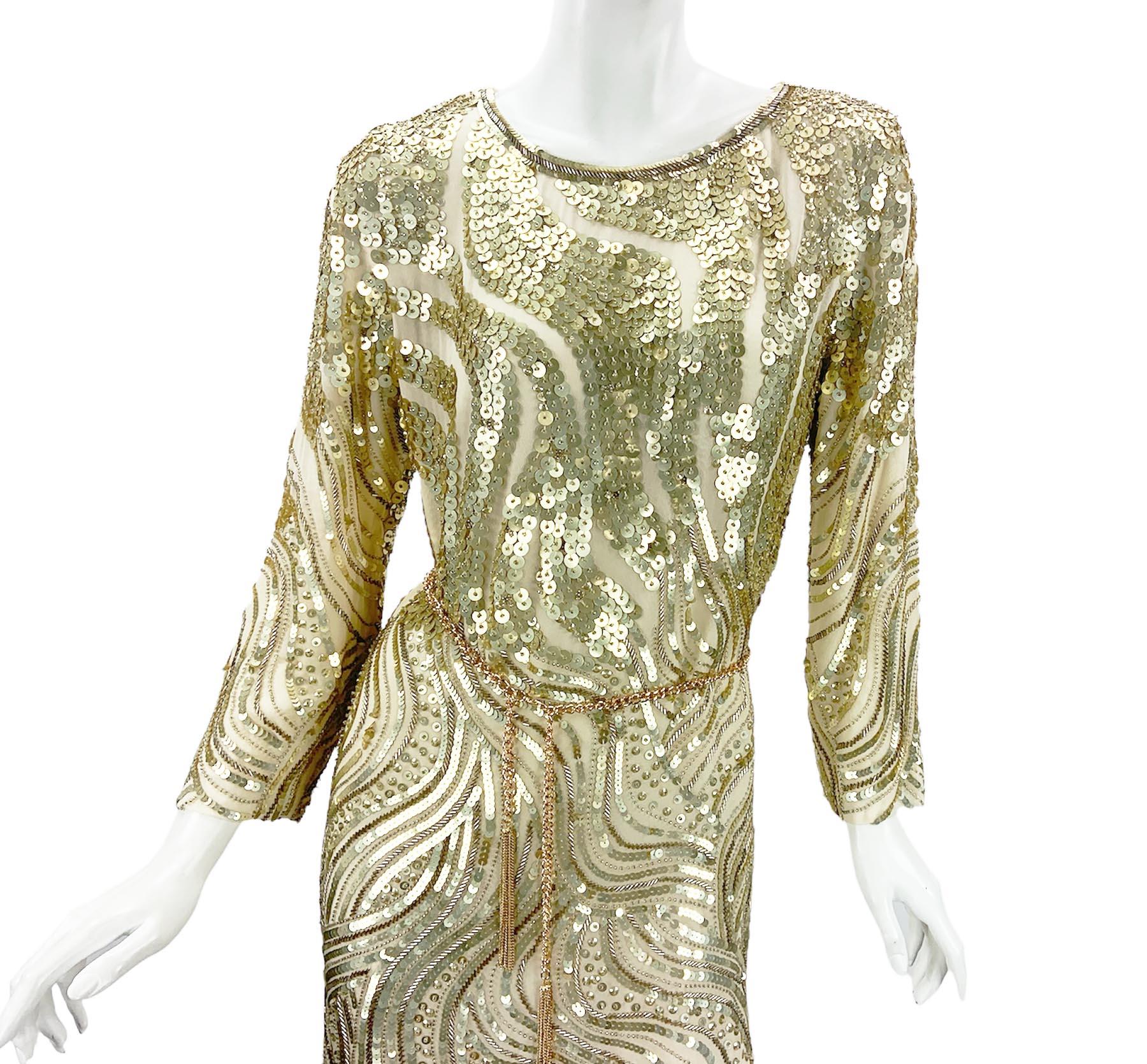 Women's NWT Vintage Oscar de la Renta S/S 2011 Silk Mini Nude Sequin Evening Dress US 8 For Sale