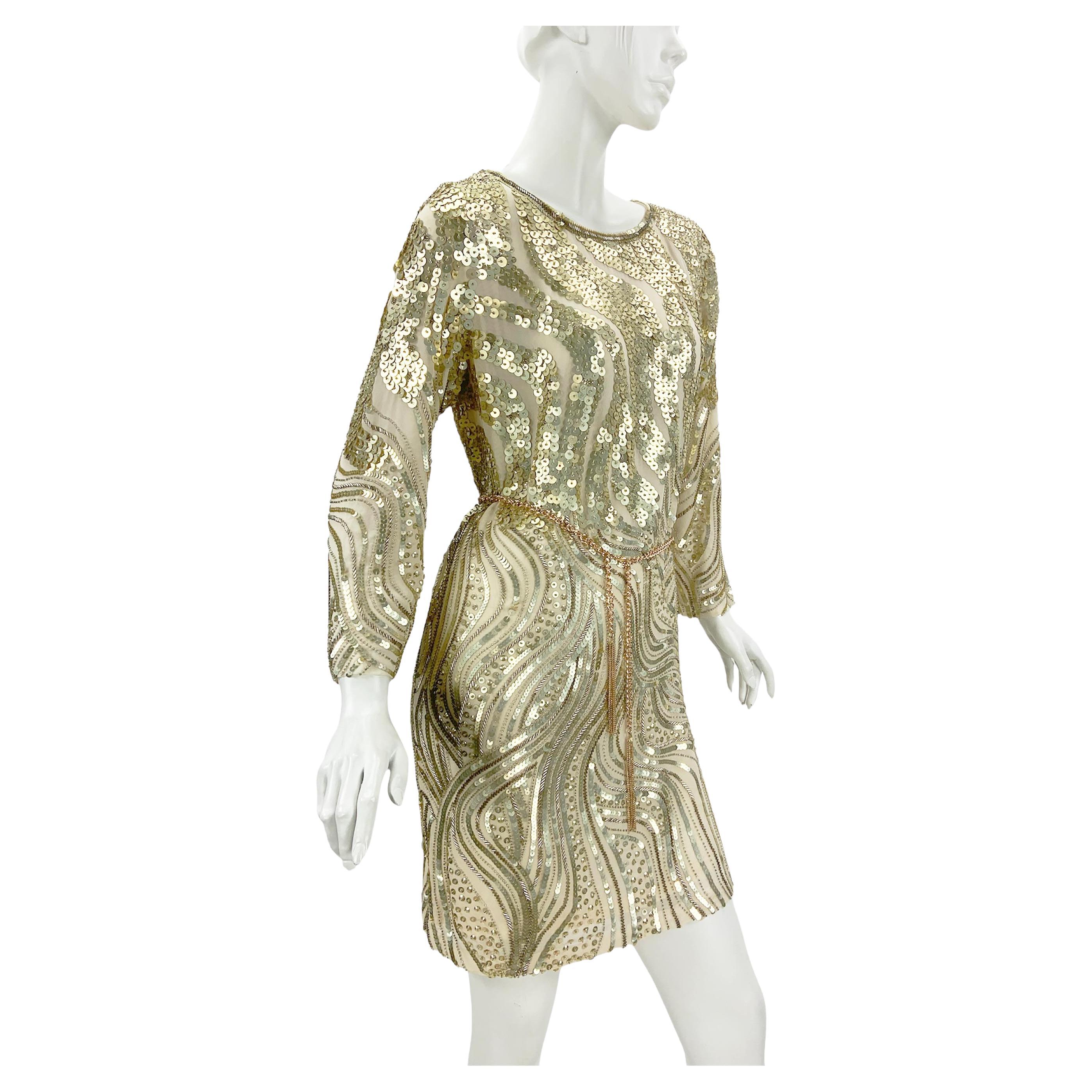 NWT Vintage Oscar de la Renta S/S 2011 Silk Mini Nude Sequin Evening Dress US 8 For Sale