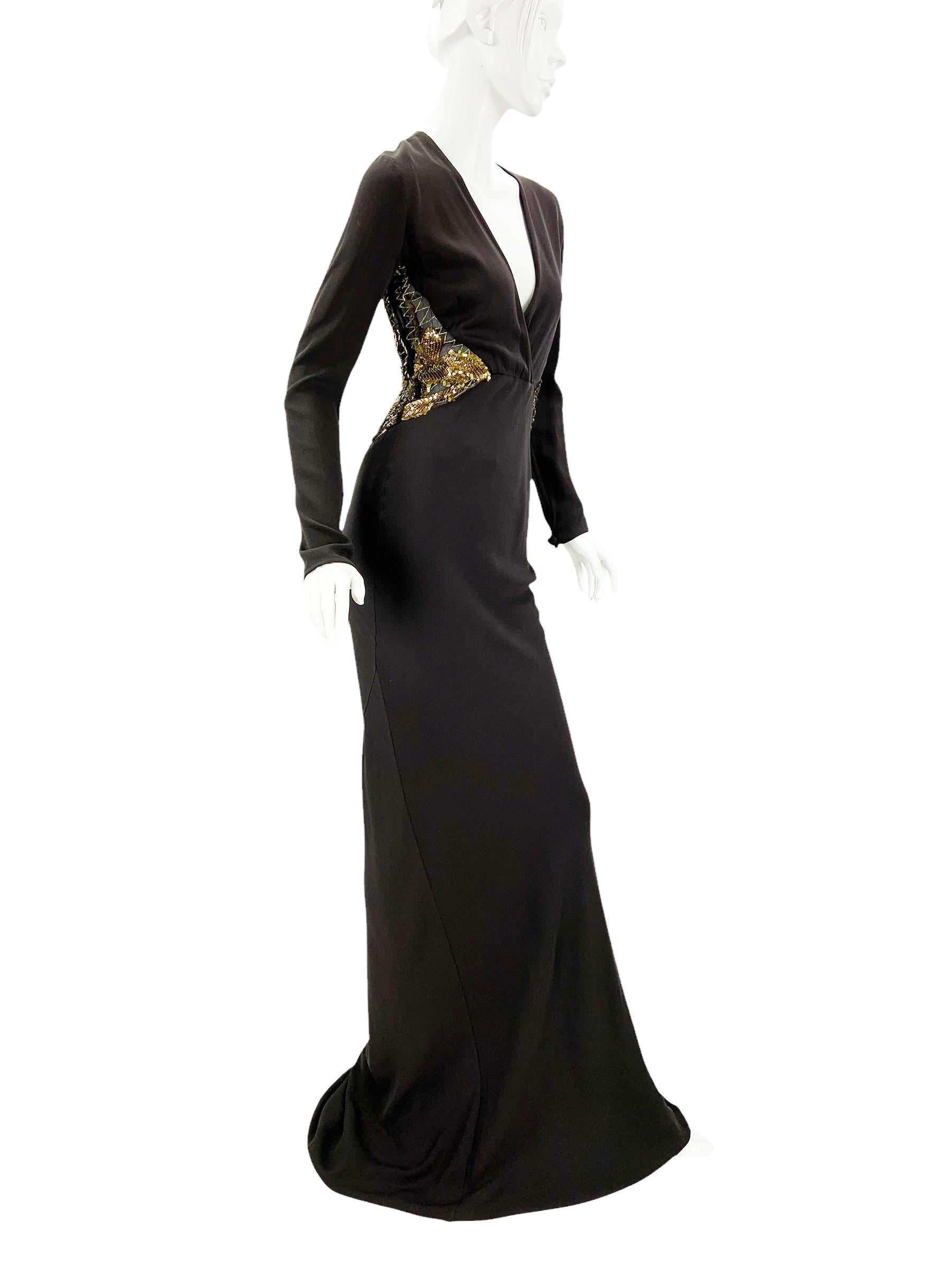 Black NWT Vintage Roberto Cavalli 2008 Collection Silk Brown Illusion Lace Dress It 40 For Sale