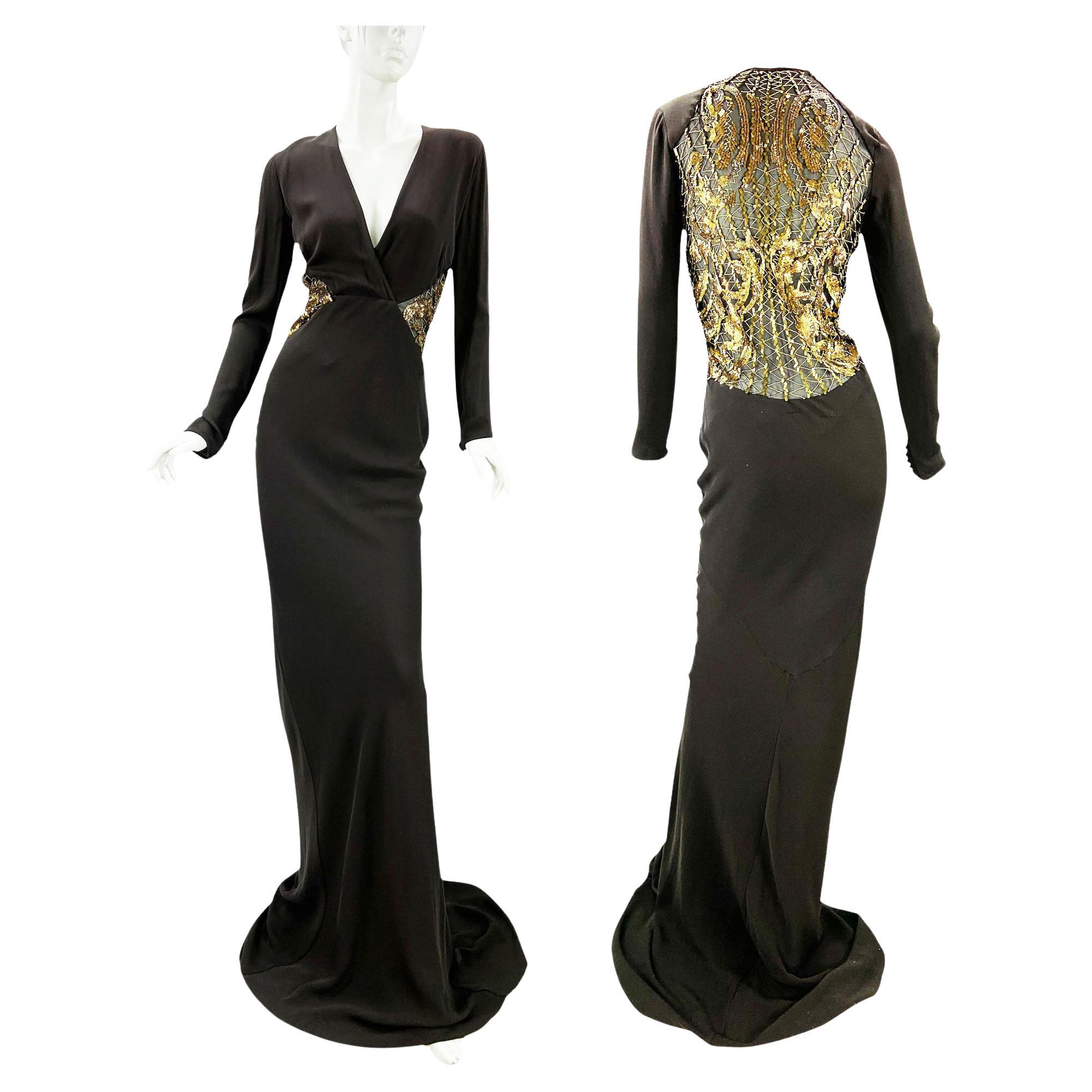 NWT Vintage Roberto Cavalli 2008 Collection Silk Brown Illusion Lace Dress It 40 For Sale