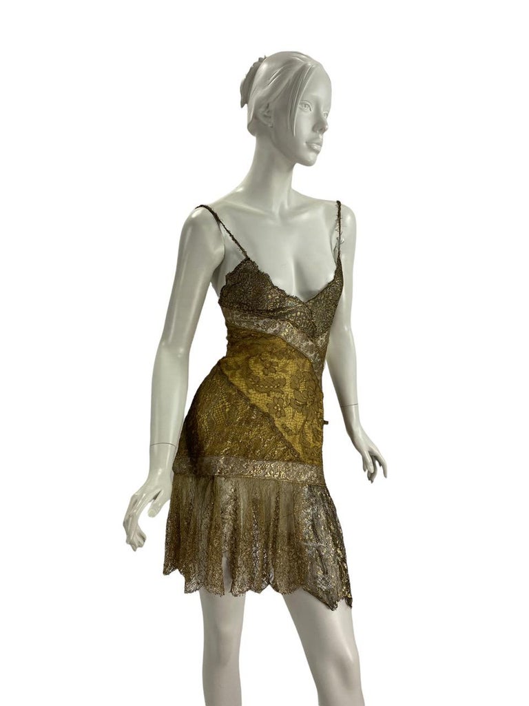 Nwt Vintage Versace Atelier F/w 2002 Runway Gold Lace Mini Dress It 42 - Us 6