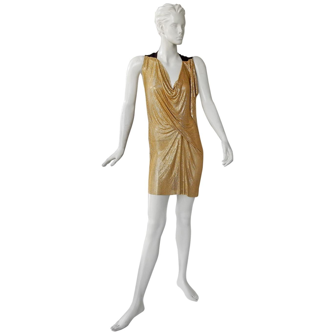 NWT Vionnet Gold Asymmetric Chain Mail Mini Dress