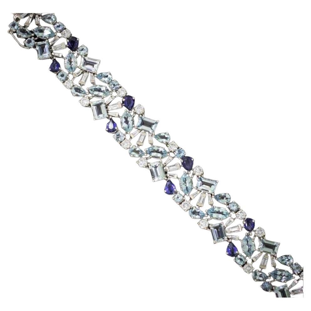 NWT White Gold Gorgeous Glittering 33ct Sapphire and Aquamarine Diamond Bracelet For Sale