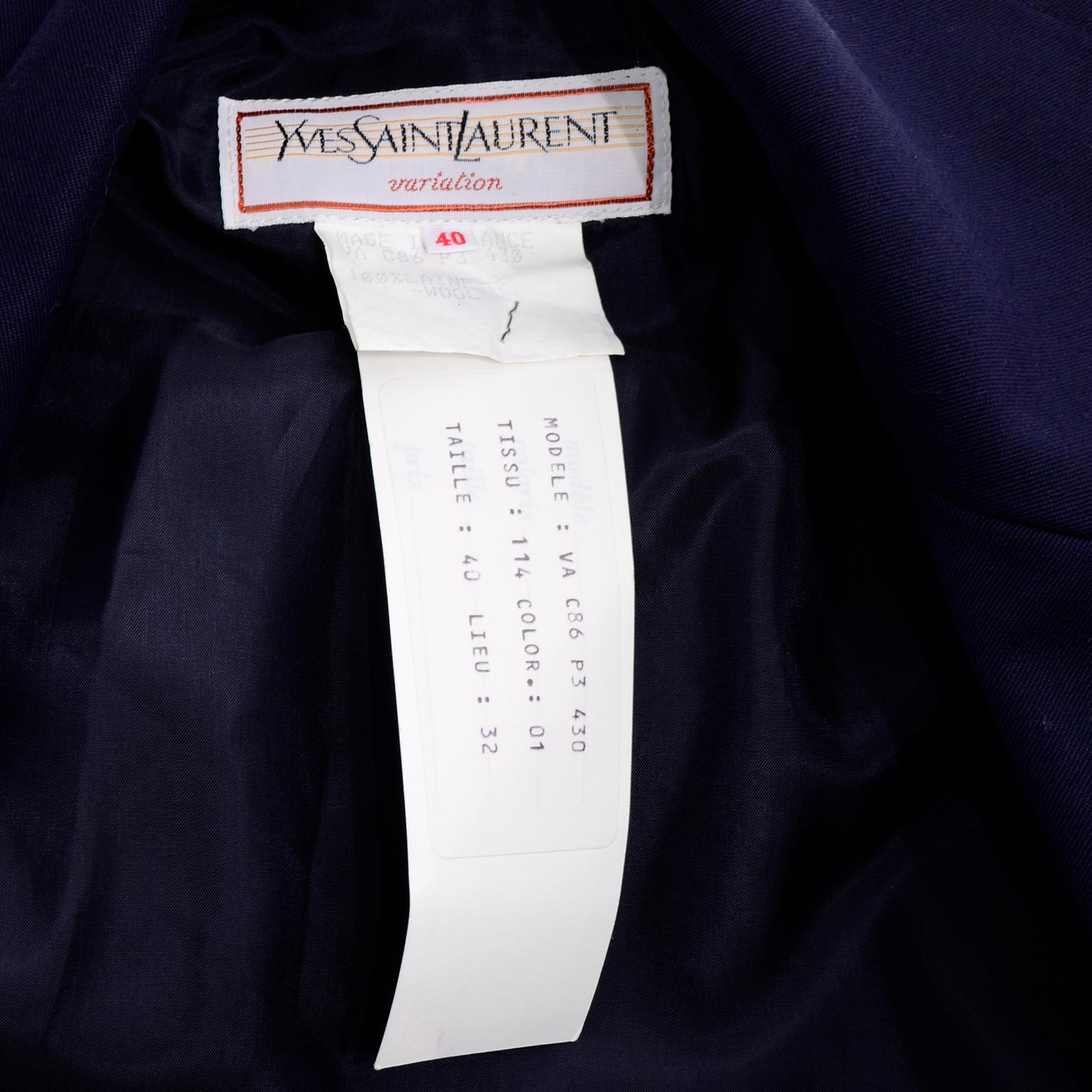 Black Deadstock Yves Saint Laurent YSL Vintage 1980s Navy Blue Jacket W/ Epaulettes 40