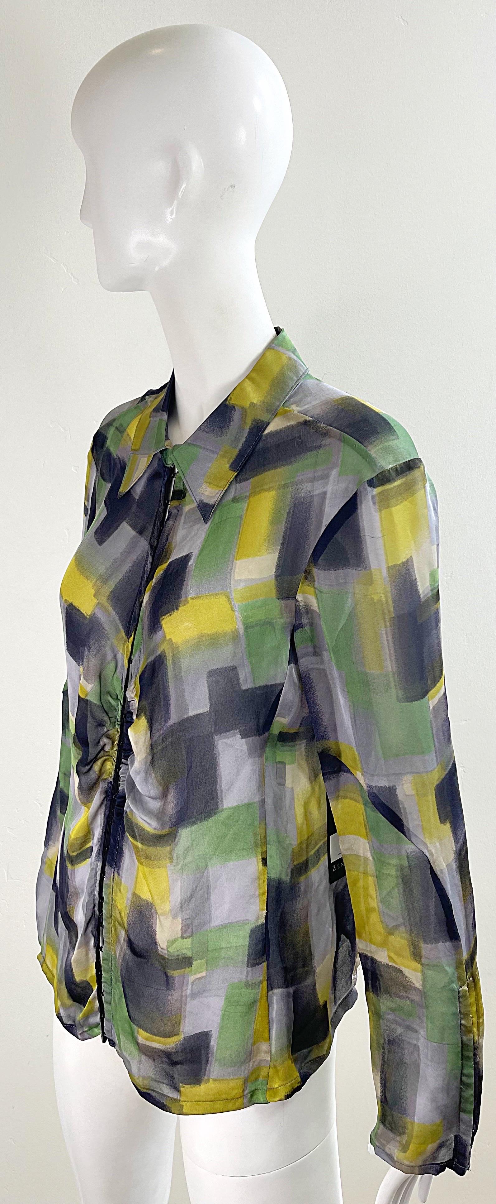 NWT Zenobia Saks 5th Avenue Size 12 Sheer Silk Chiffon Abstract Print Blouse Top For Sale 7