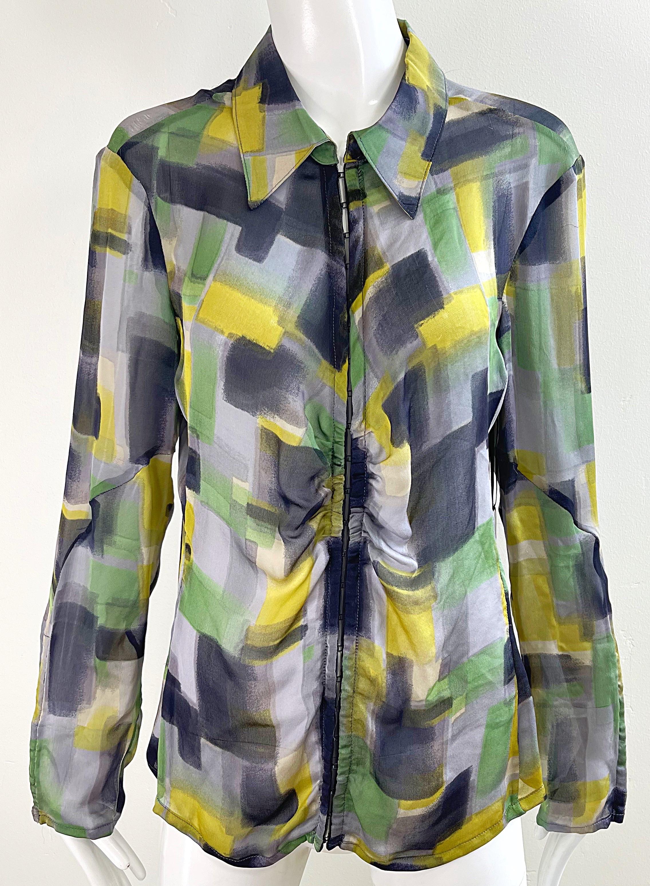 NWT Zenobia Saks 5th Avenue Size 12 Sheer Silk Chiffon Abstract Print Blouse Top For Sale 8