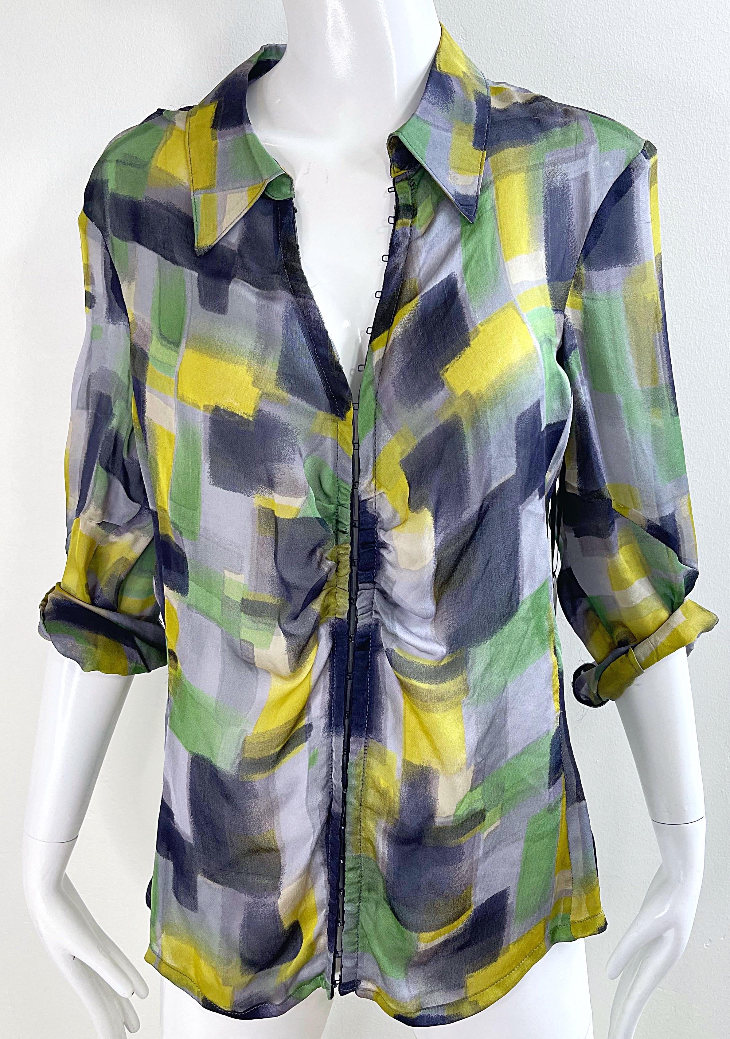 NWT Zenobia Saks 5th Avenue Size 12 Sheer Silk Chiffon Abstract Print Blouse Top For Sale 10