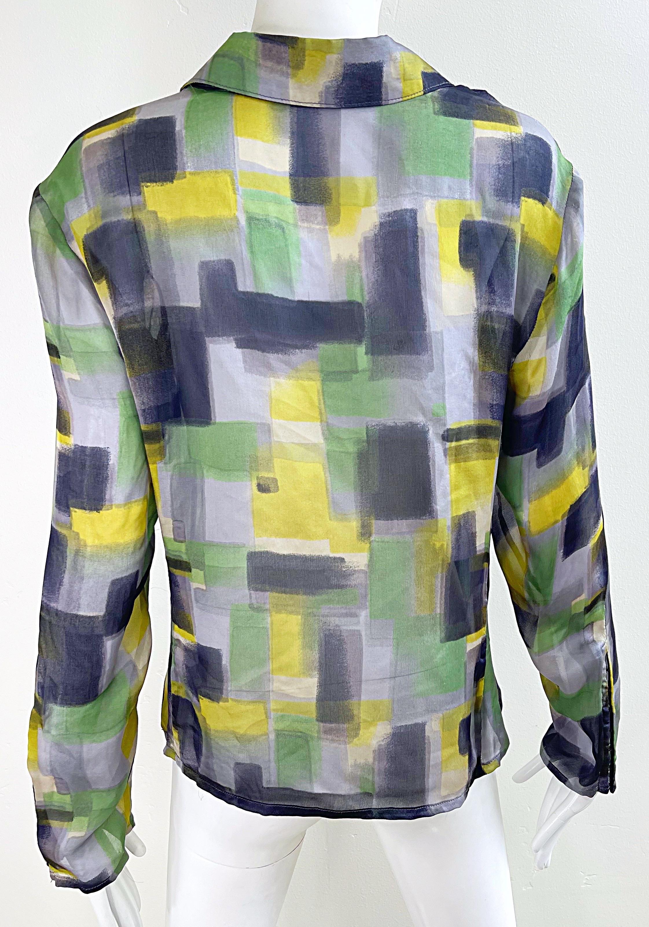 NWT Zenobia Saks 5th Avenue Size 12 Sheer Silk Chiffon Abstract Print Blouse Top For Sale 12