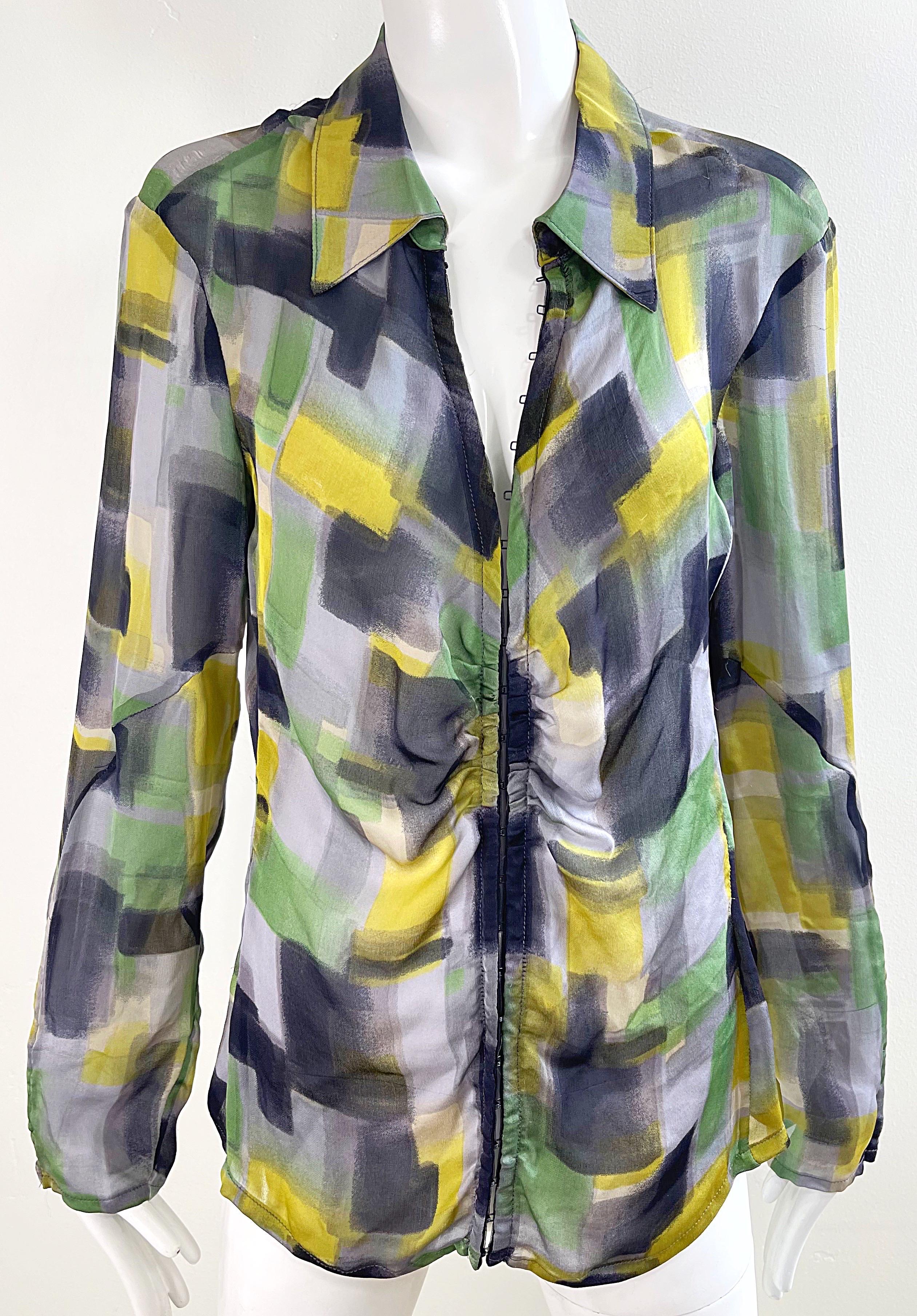 NWT Zenobia Saks 5th Avenue Size 12 Sheer Silk Chiffon Abstract Print Blouse Top For Sale 13