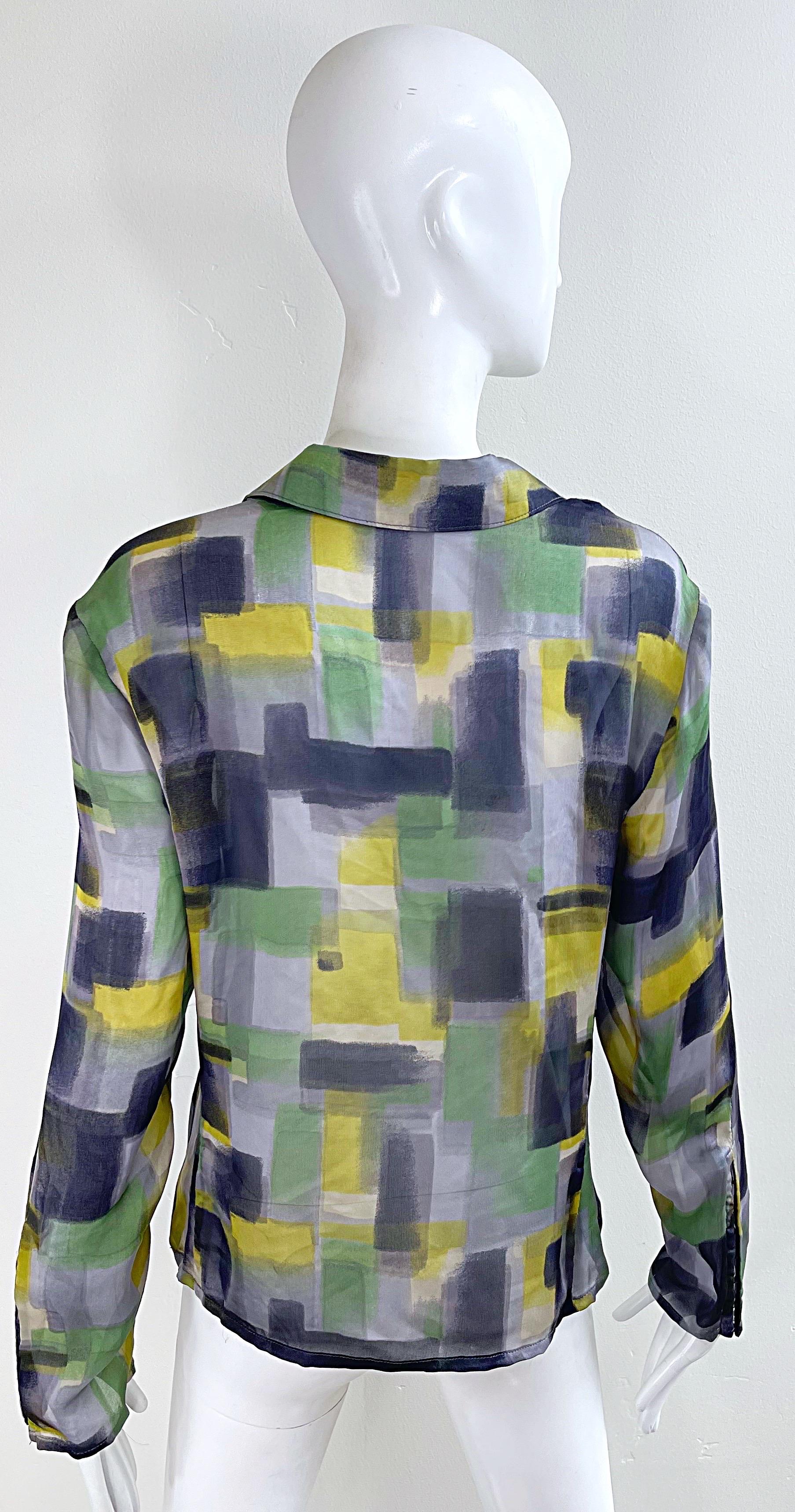 NWT Zenobia Saks 5th Avenue Size 12 Sheer Silk Chiffon Abstract Print Blouse Top For Sale 14
