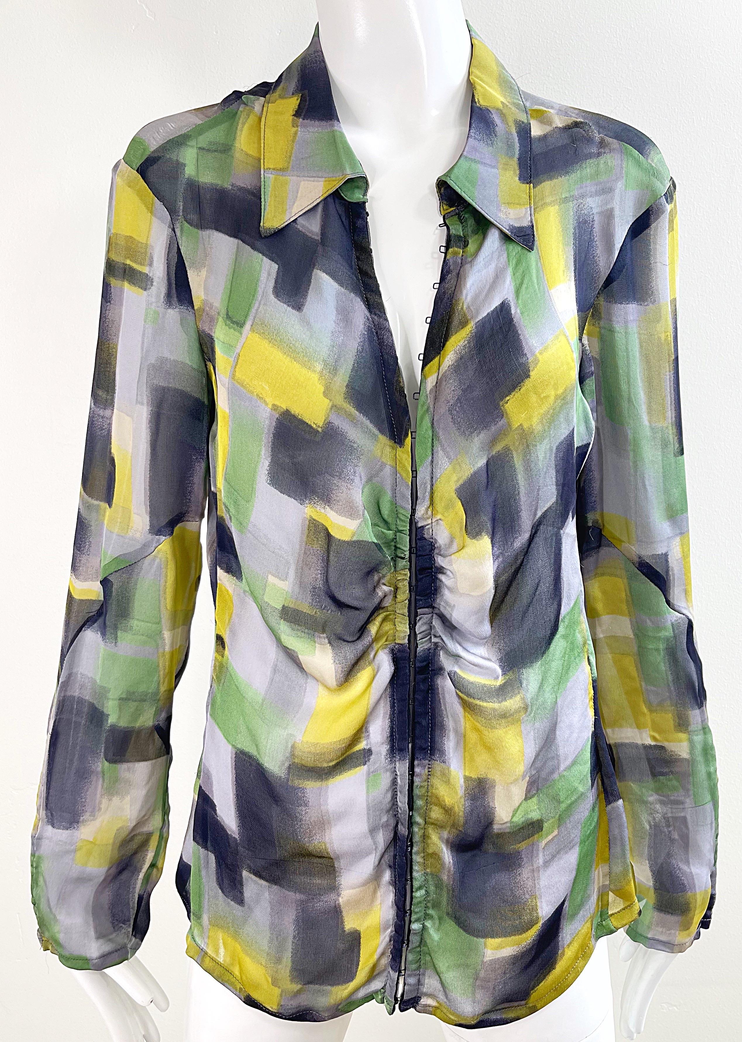 NWT Zenobia Saks 5th Avenue Size 12 Sheer Silk Chiffon Abstract Print Blouse Top For Sale 15