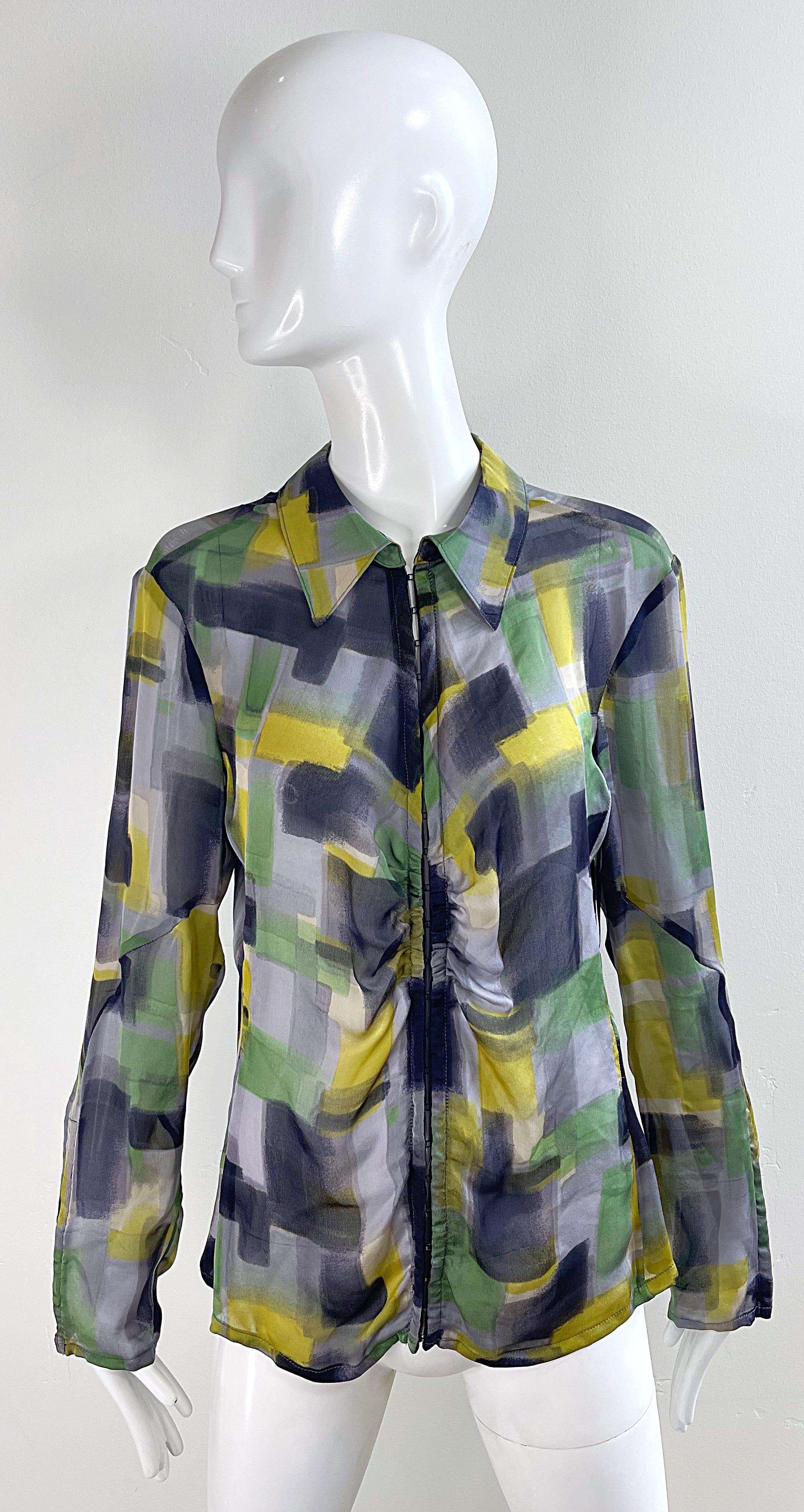 NWT Zenobia Saks 5th Avenue Size 12 Sheer Silk Chiffon Abstract Print Blouse Top In New Condition For Sale In San Diego, CA
