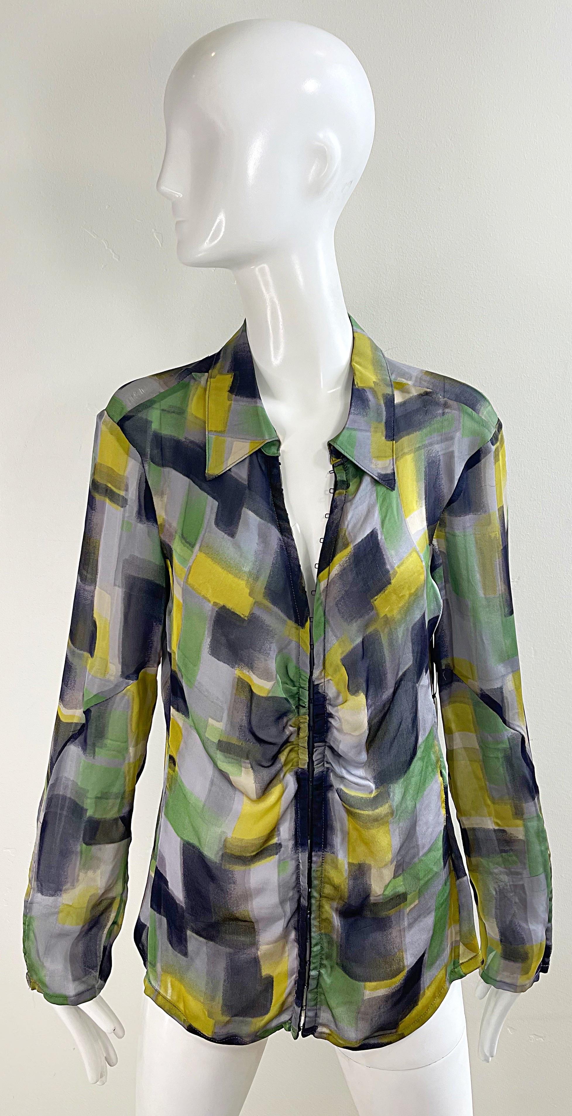 Women's NWT Zenobia Saks 5th Avenue Size 12 Sheer Silk Chiffon Abstract Print Blouse Top For Sale