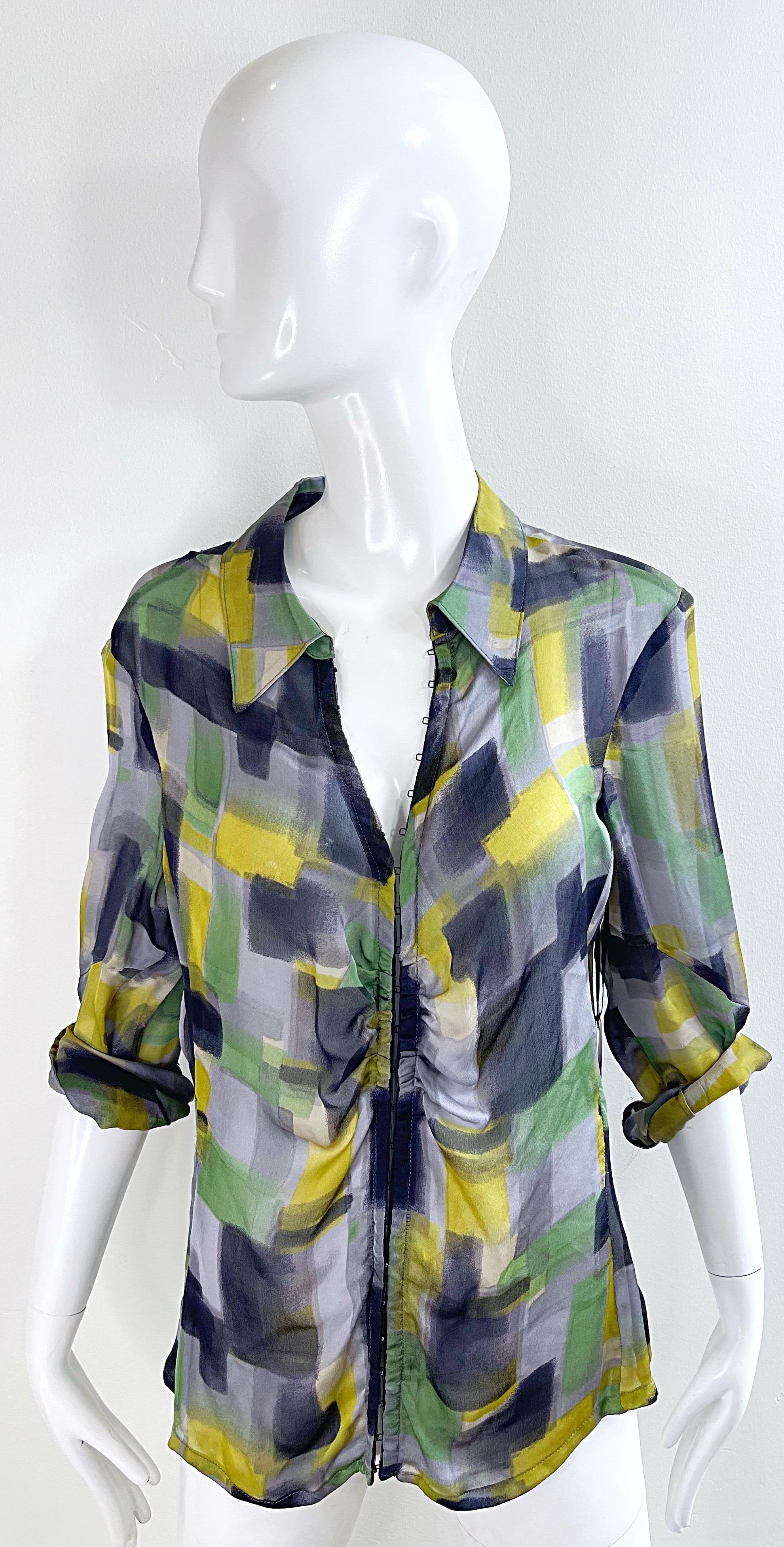 NWT Zenobia Saks 5th Avenue Size 12 Sheer Silk Chiffon Abstract Print Blouse Top For Sale 1