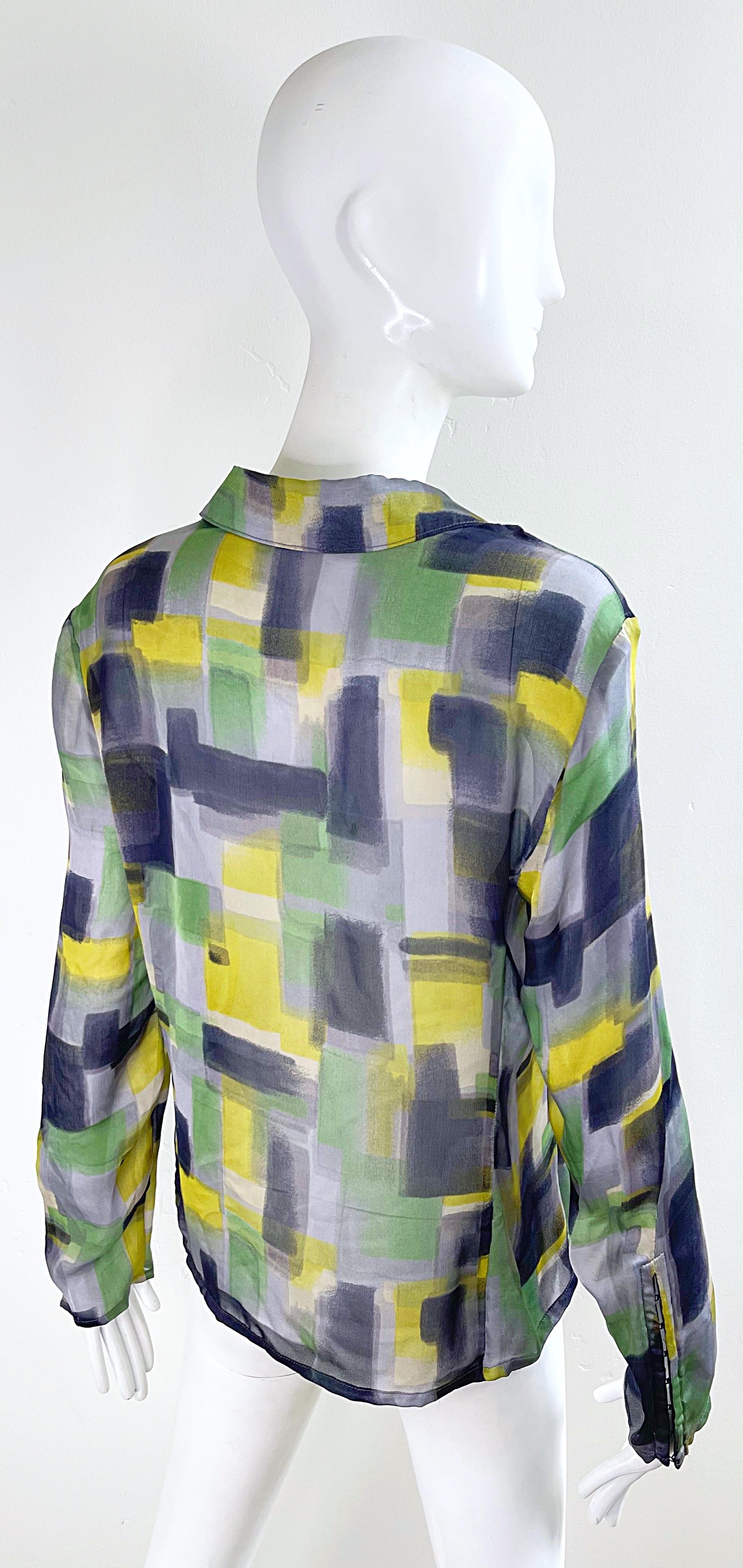 NWT Zenobia Saks 5th Avenue Size 12 Sheer Silk Chiffon Abstract Print Blouse Top For Sale 2