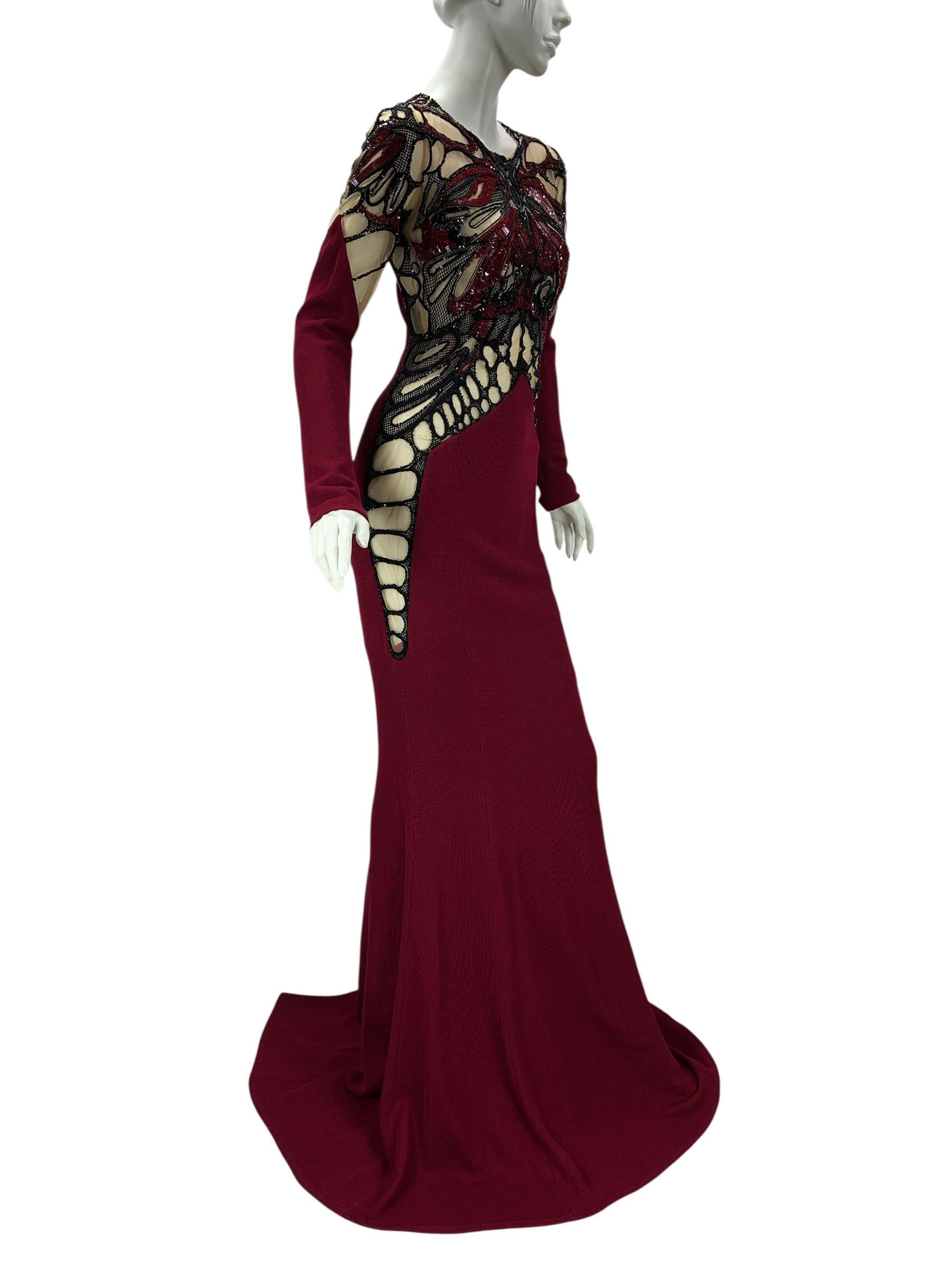 Black NWT Zuhair Murad Burgundy Butterfly Beaded Illusion Luxury Evening Dress It 40 For Sale