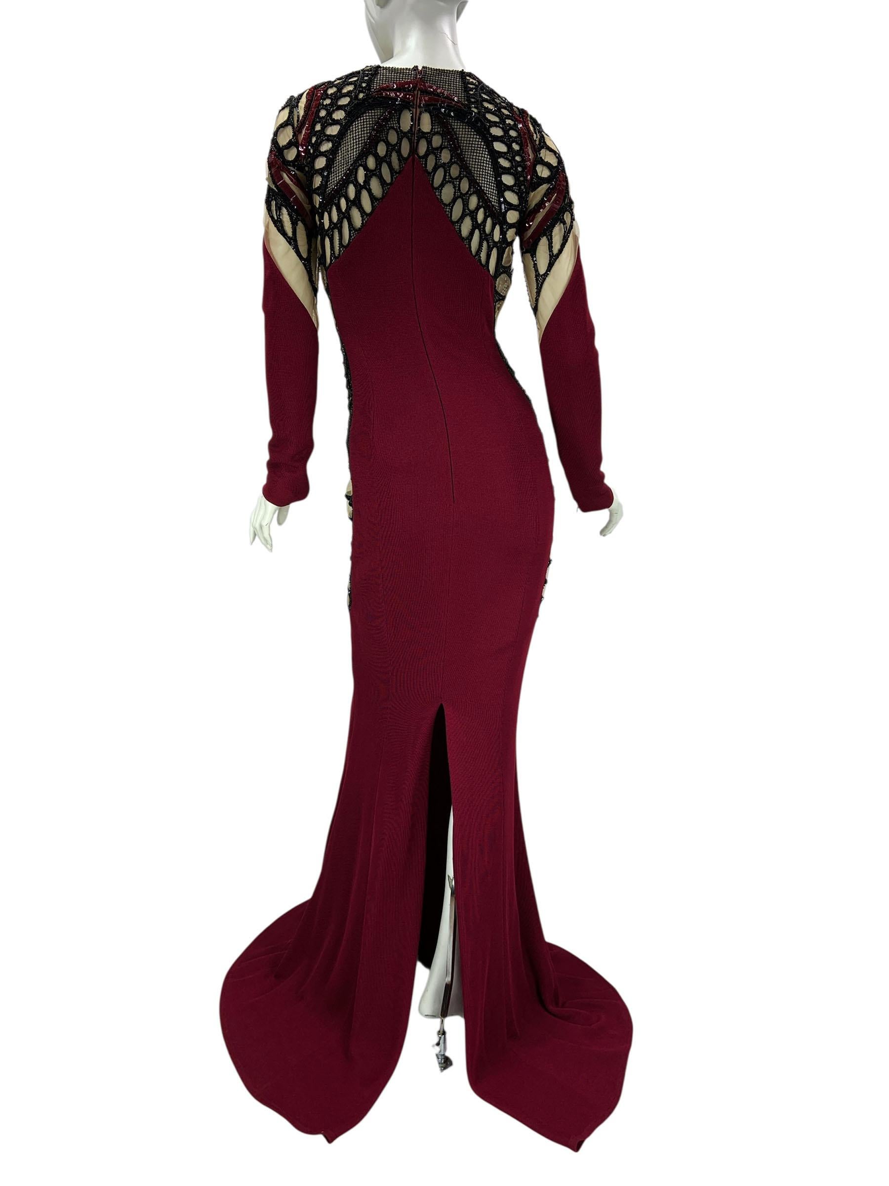 Women's NWT Zuhair Murad Burgundy Butterfly Beaded Illusion Luxury Evening Dress It 40 For Sale