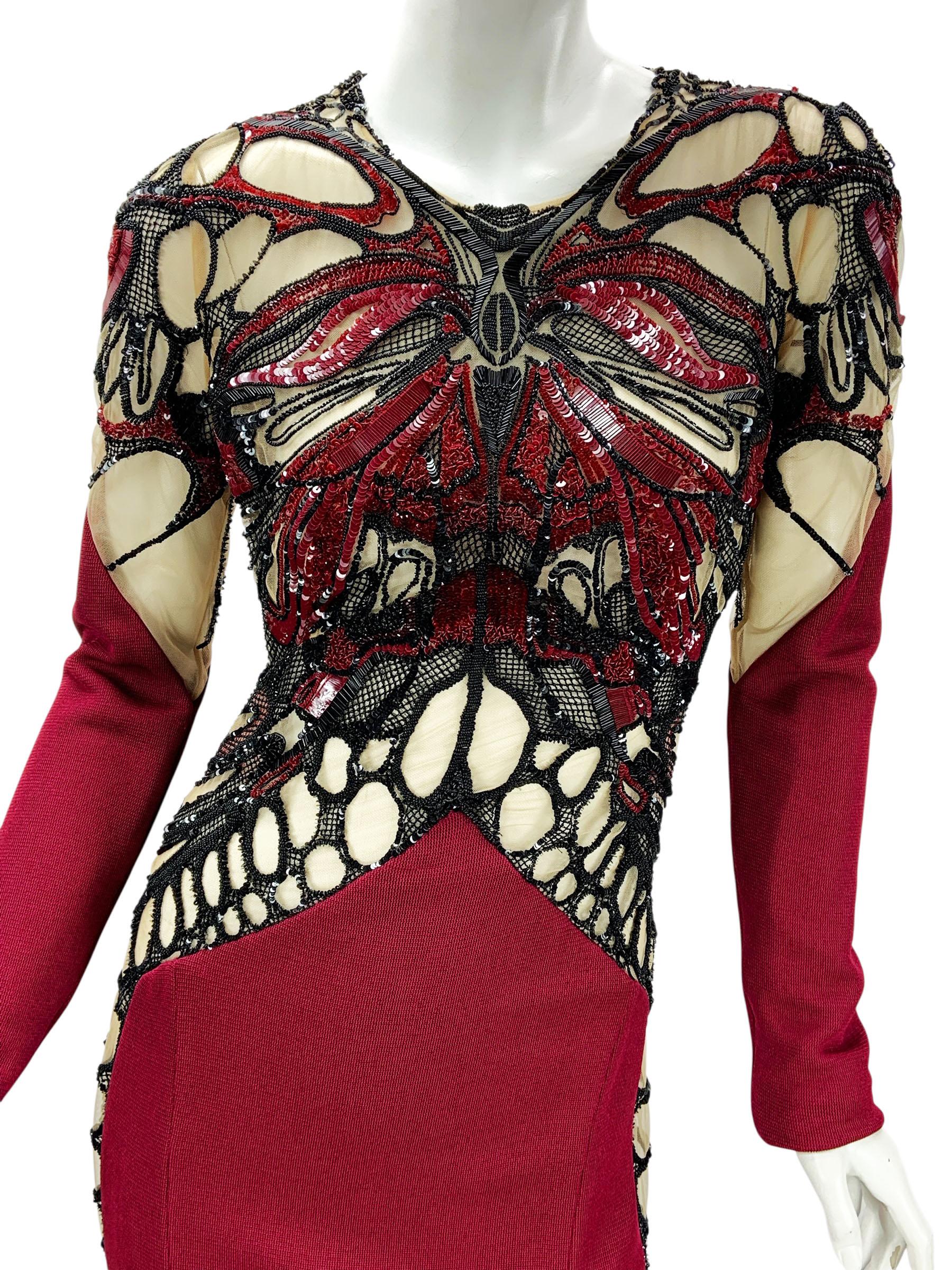 NWT Zuhair Murad Burgundy Butterfly Beaded Illusion Luxury Evening Dress It 40 For Sale 1