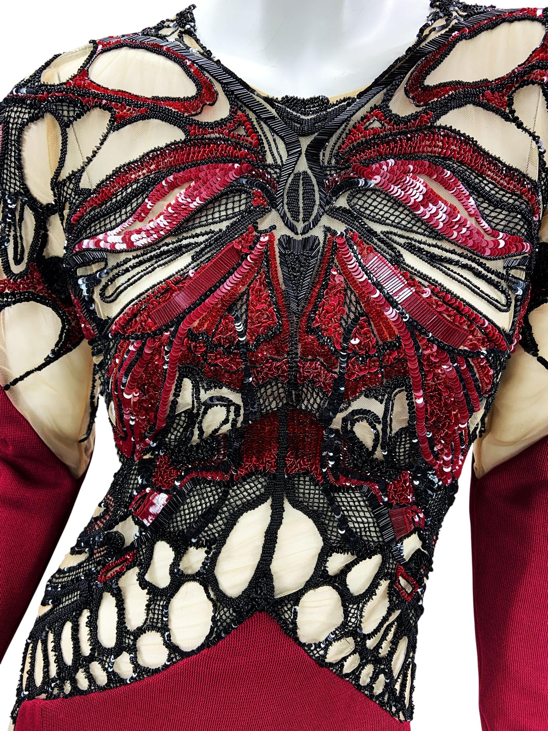NWT Zuhair Murad Burgundy Butterfly Beaded Illusion Luxury Evening Dress It 40 For Sale 2