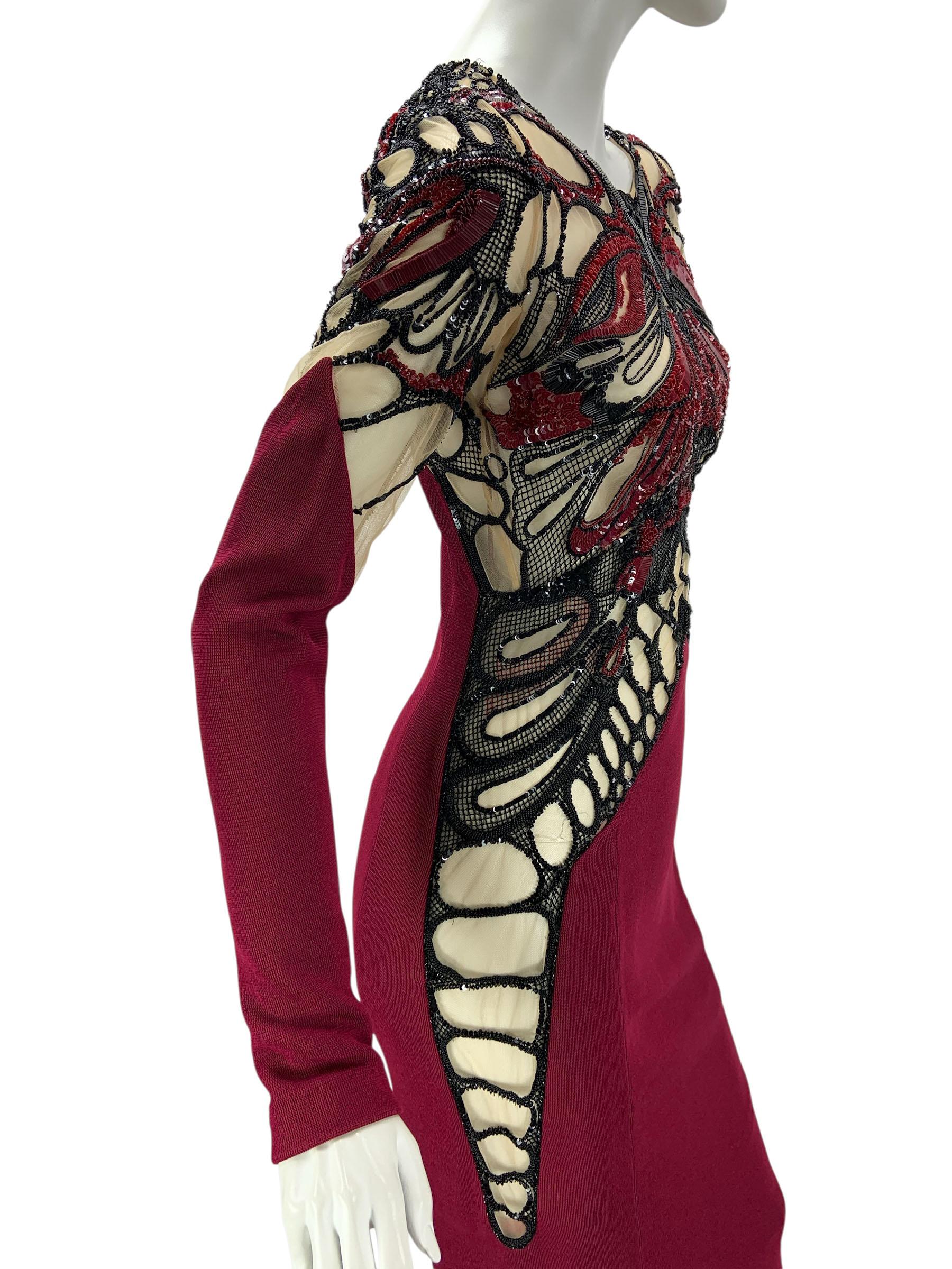 NWT Zuhair Murad Burgundy Butterfly Beaded Illusion Luxury Evening Dress It 40 For Sale 3