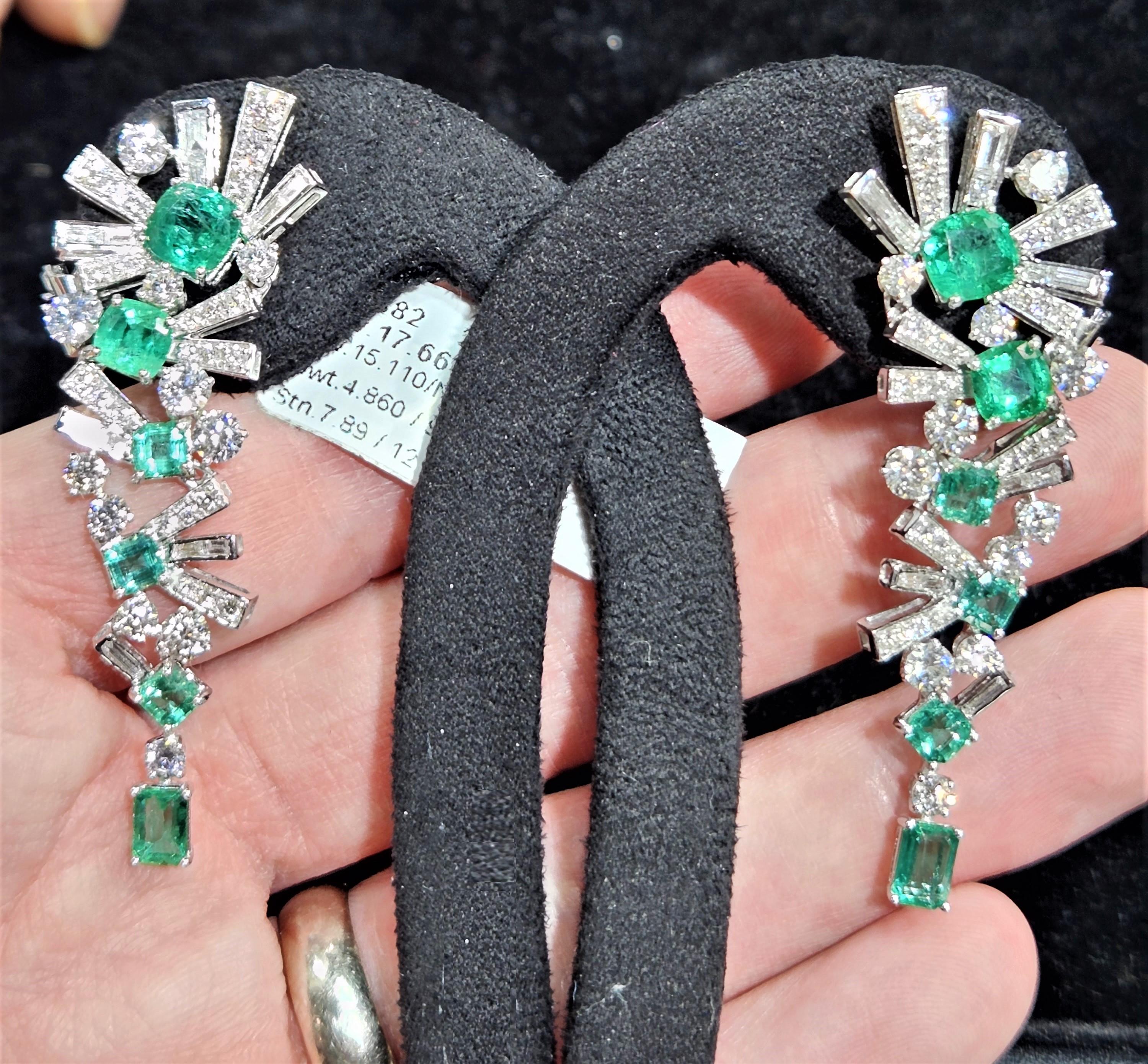 The Following Item we are offering is this Rare Important Radiant 14KT Gold Gorgeous Glittering and Sparkling Magnificent Fancy Emerald and Baguette Diamond Dangle Earrings. Earrings contain approx 12.50CTS of Beautiful Rare Fancy Emeralds and