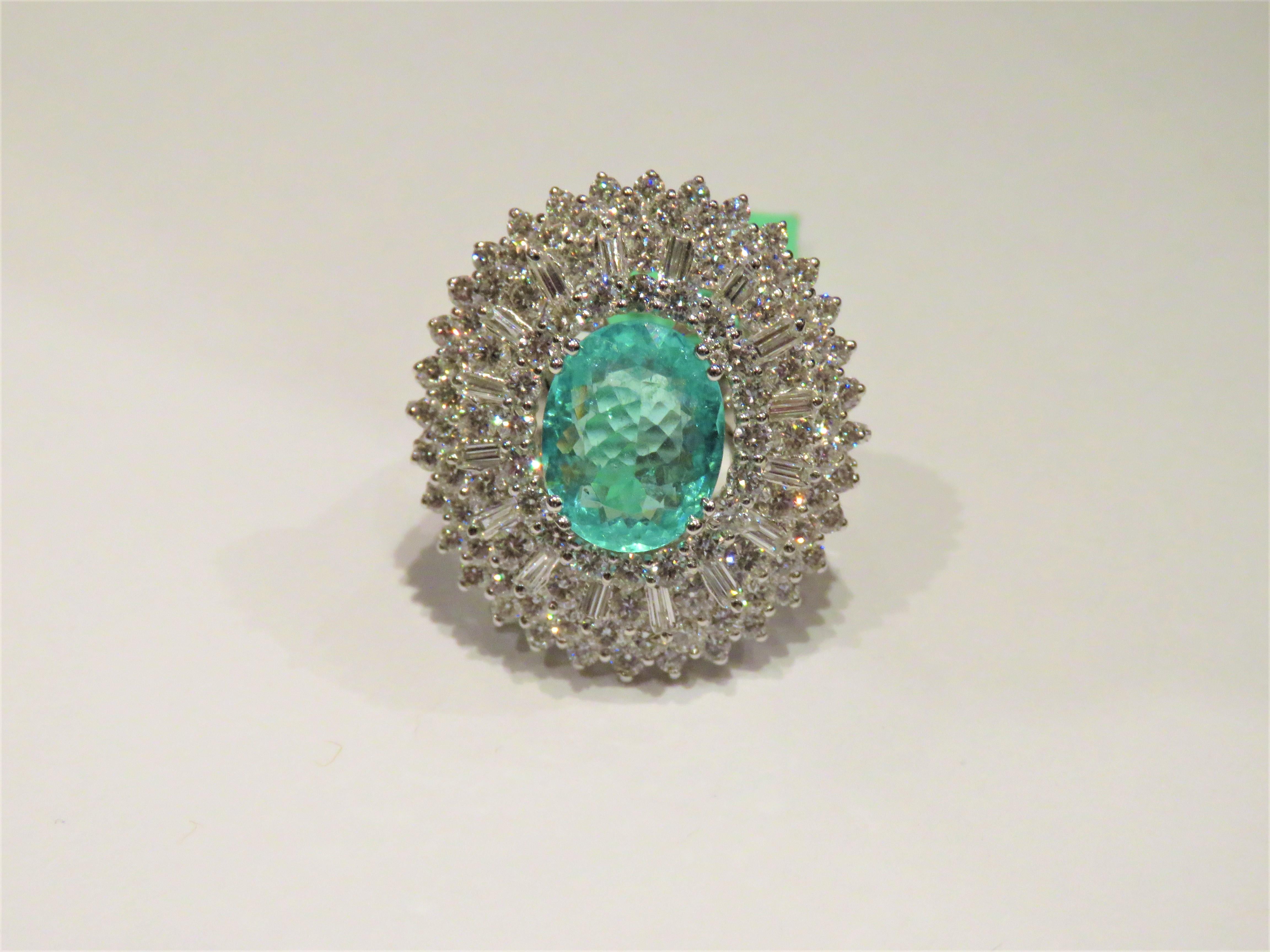 The Following Items we are offering is a Rare Important Spectacular and Brilliant 18KT Gold Large Gorgeous Paraiba and Diamond Ring. Ring consists of Rare a Large Fine Magnificent Paraiba Tourmaline surrounded and Framed with Gorgeous Glittering