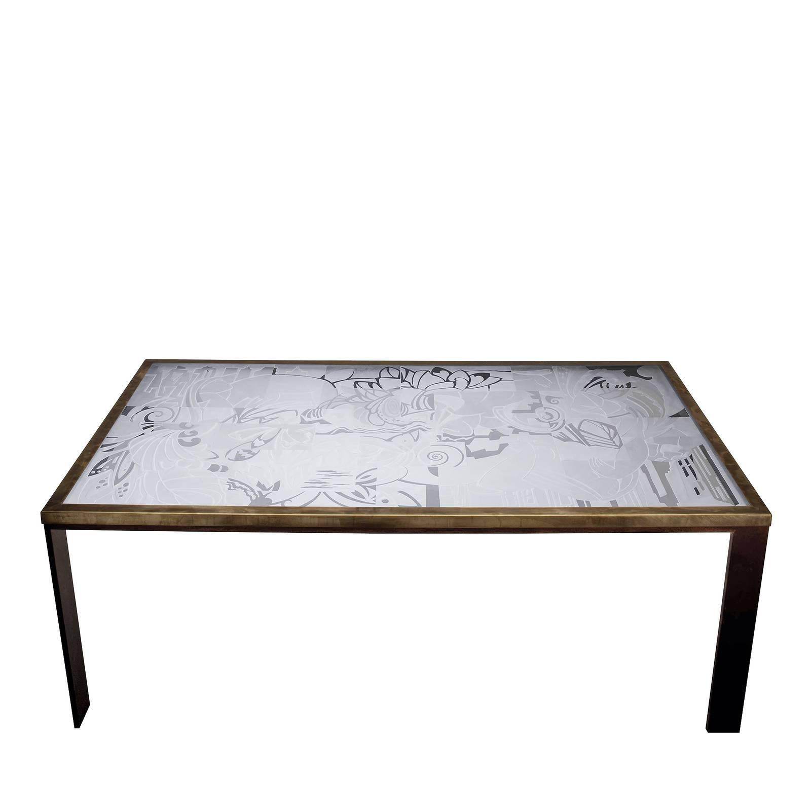 Stately and whimsical, this superb table is a testament to innovative aesthetic and expert craftsmanship. The top is fashioned entirely of glass with an exquisite bas-relief, distinctive for the faceted panes and mix of natural and urban motifs. The