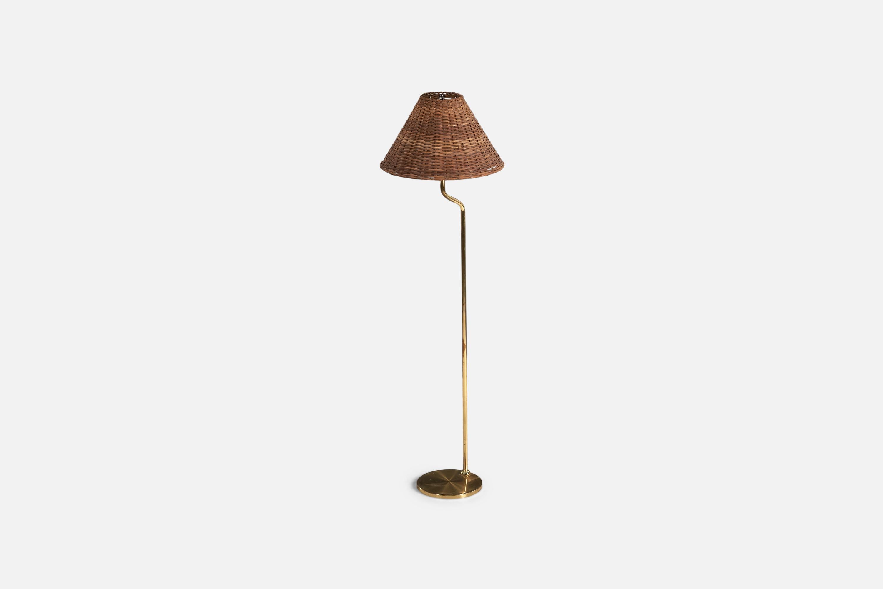 Mid-Century Modern Nya Öia, Floor Lamp, Brass, Rattan, Sweden, 1970s
