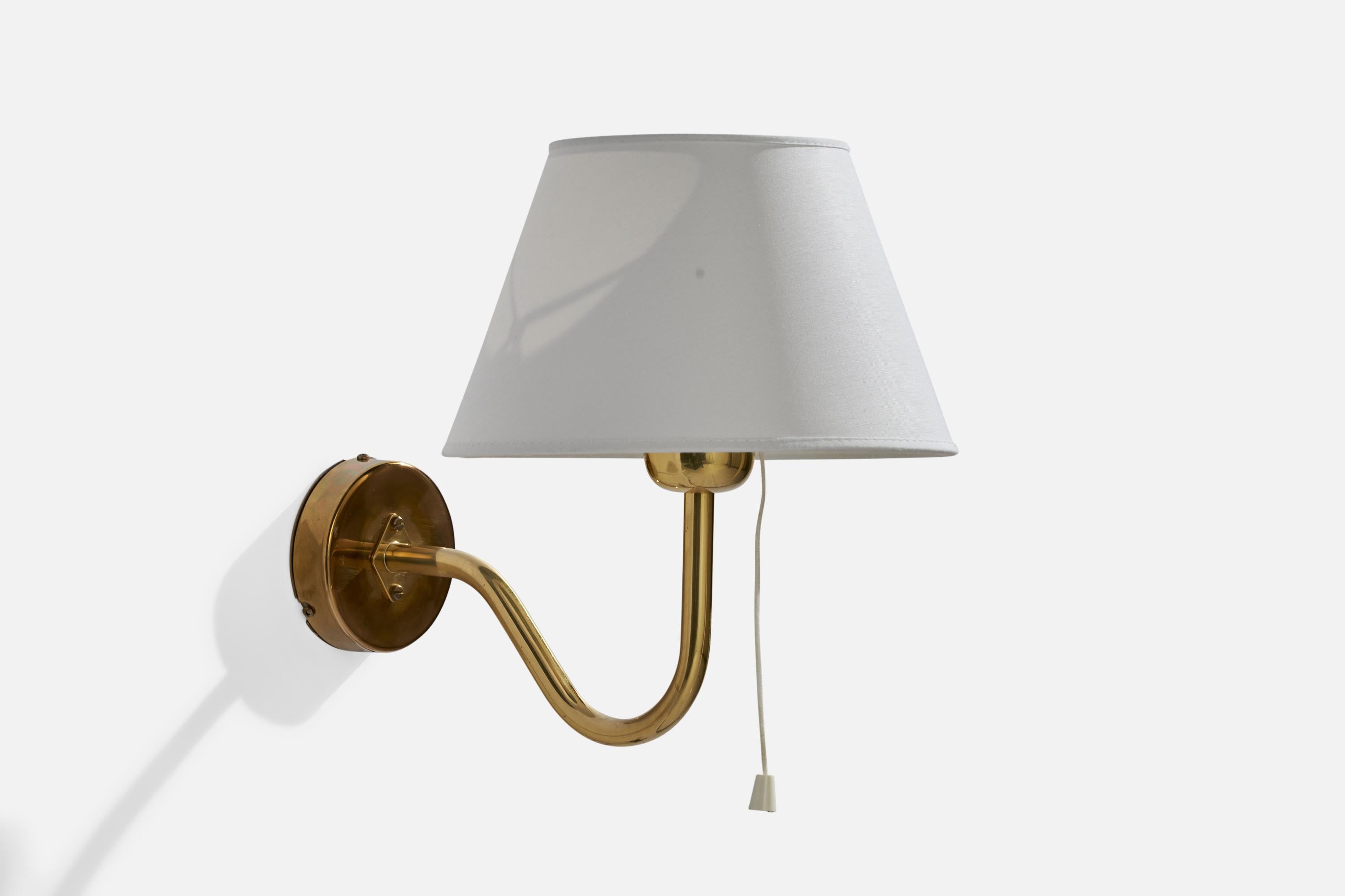A brass and white fabric wall lights designed and produced by Nya Öia, Sweden, 1970s.

Overall Dimensions (inches): 10”  H x 8”  W x 11” D
Back Plate Dimensions (inches): 3.25” H x 3.25” W x .75” D
Bulb Specifications: E-26 Bulb
Number of Sockets: