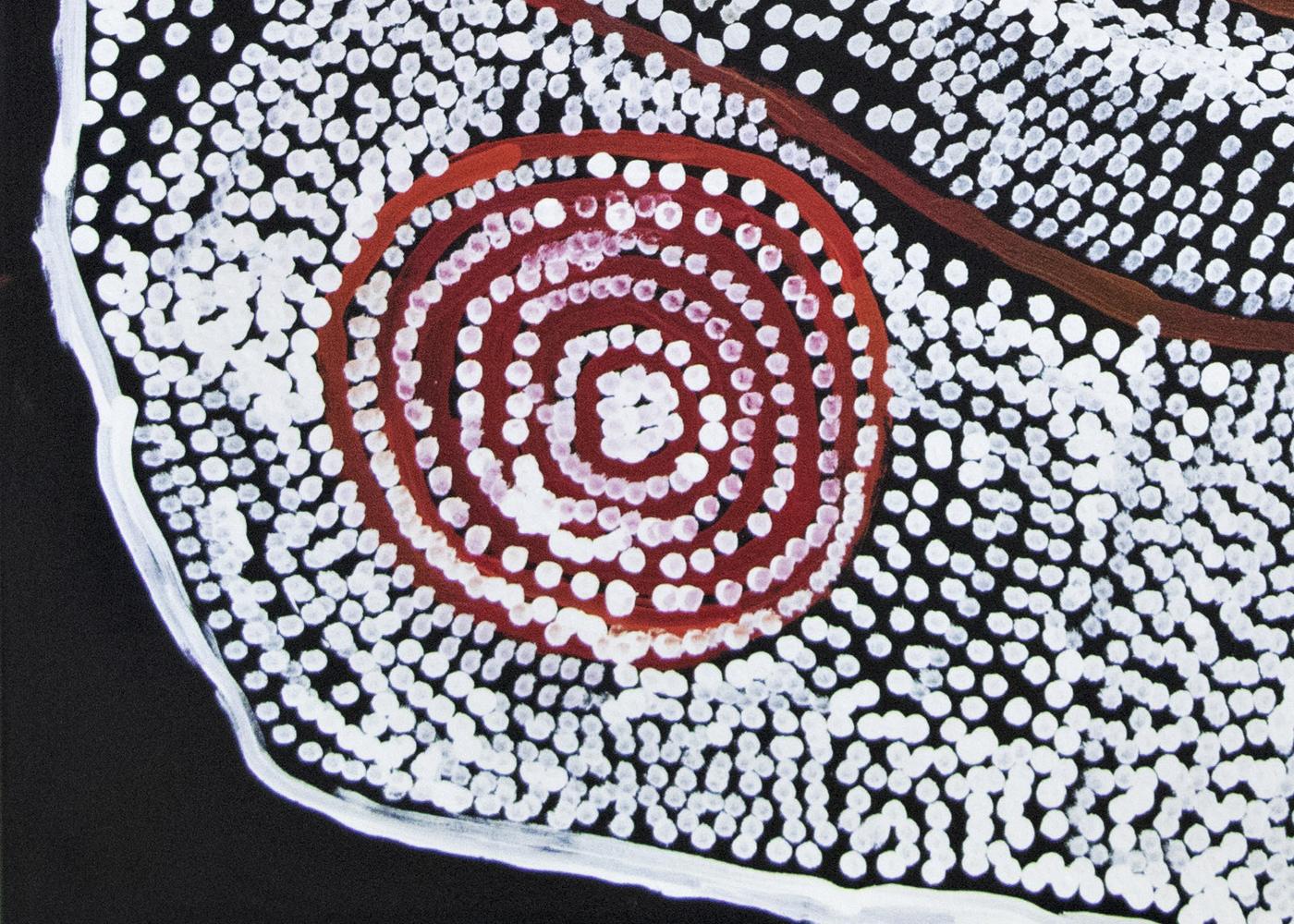 Warmurrungu, Aboriginal red white abstract dot painting of emus and landscape - Painting by Nyarapayi Giles