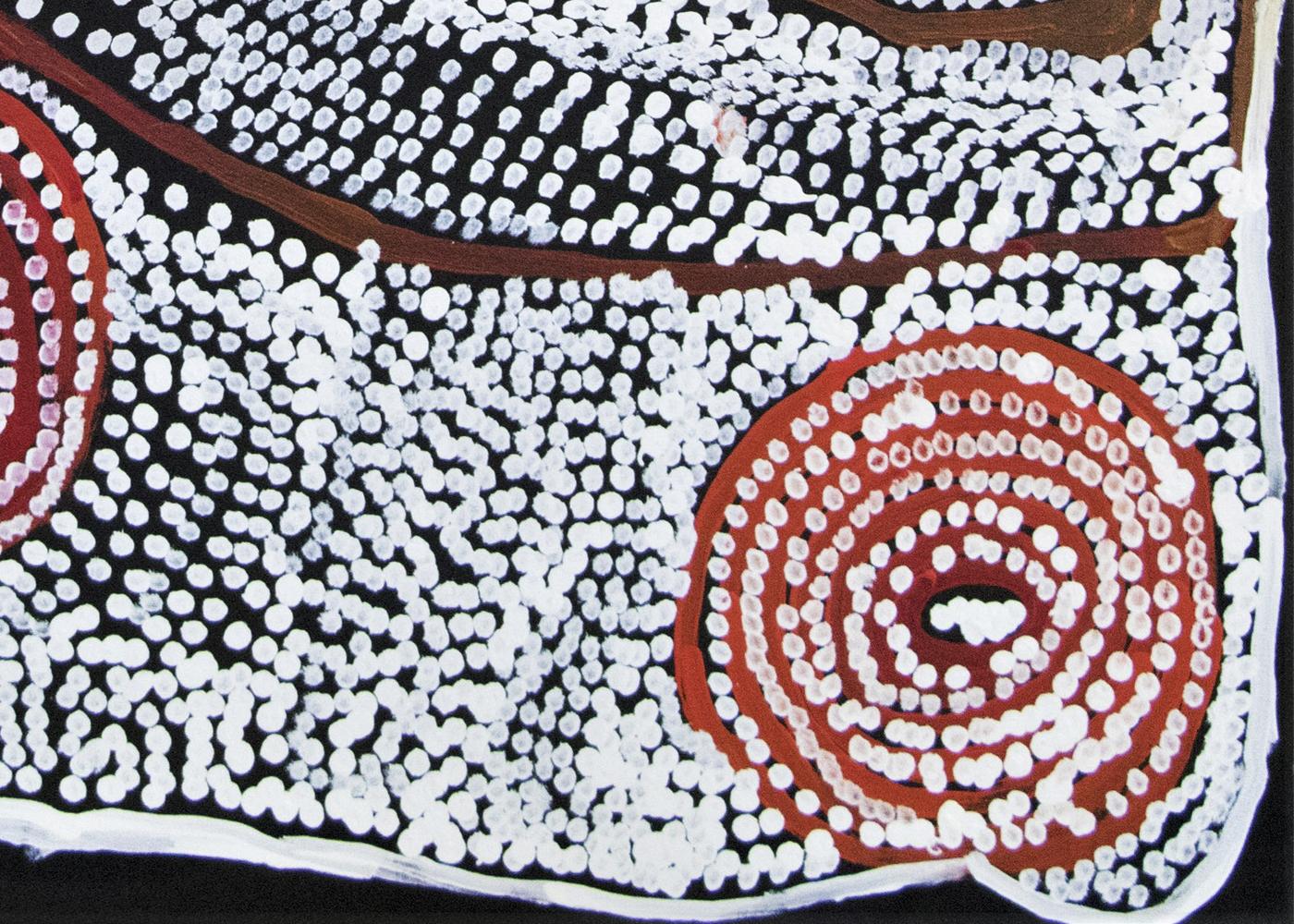 Warmurrungu, Aboriginal red white abstract dot painting of emus and landscape - Abstract Painting by Nyarapayi Giles