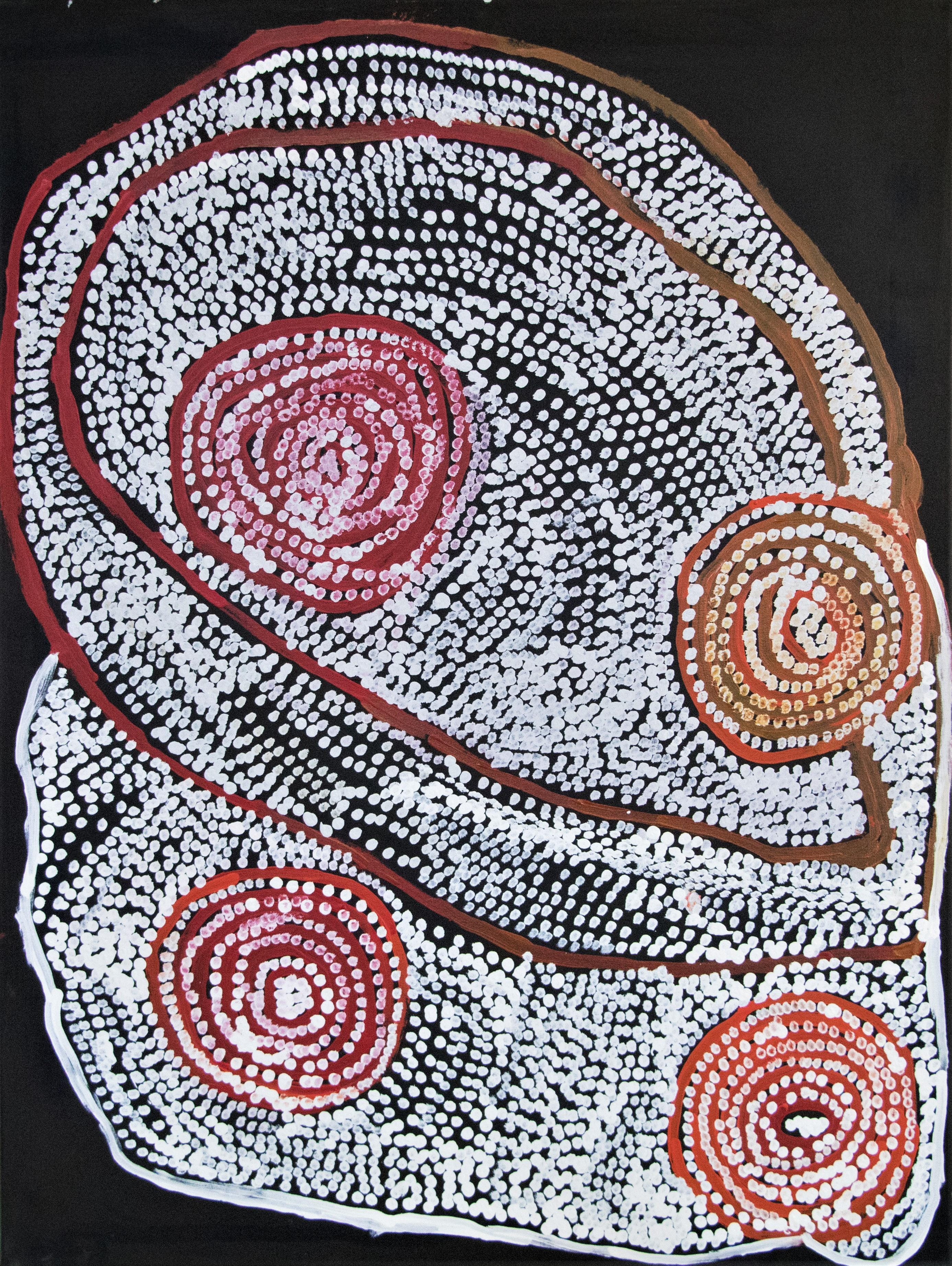 Nyarapayi Giles Landscape Painting - Warmurrungu, Aboriginal red white abstract dot painting of emus and landscape