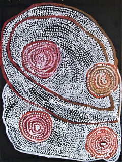 Warmurrungu, Aboriginal red white abstract dot painting of emus and landscape