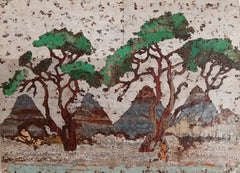 Earthy Abstract African Trees, Rusted Metal Composition "Farm Landscape Study 3"