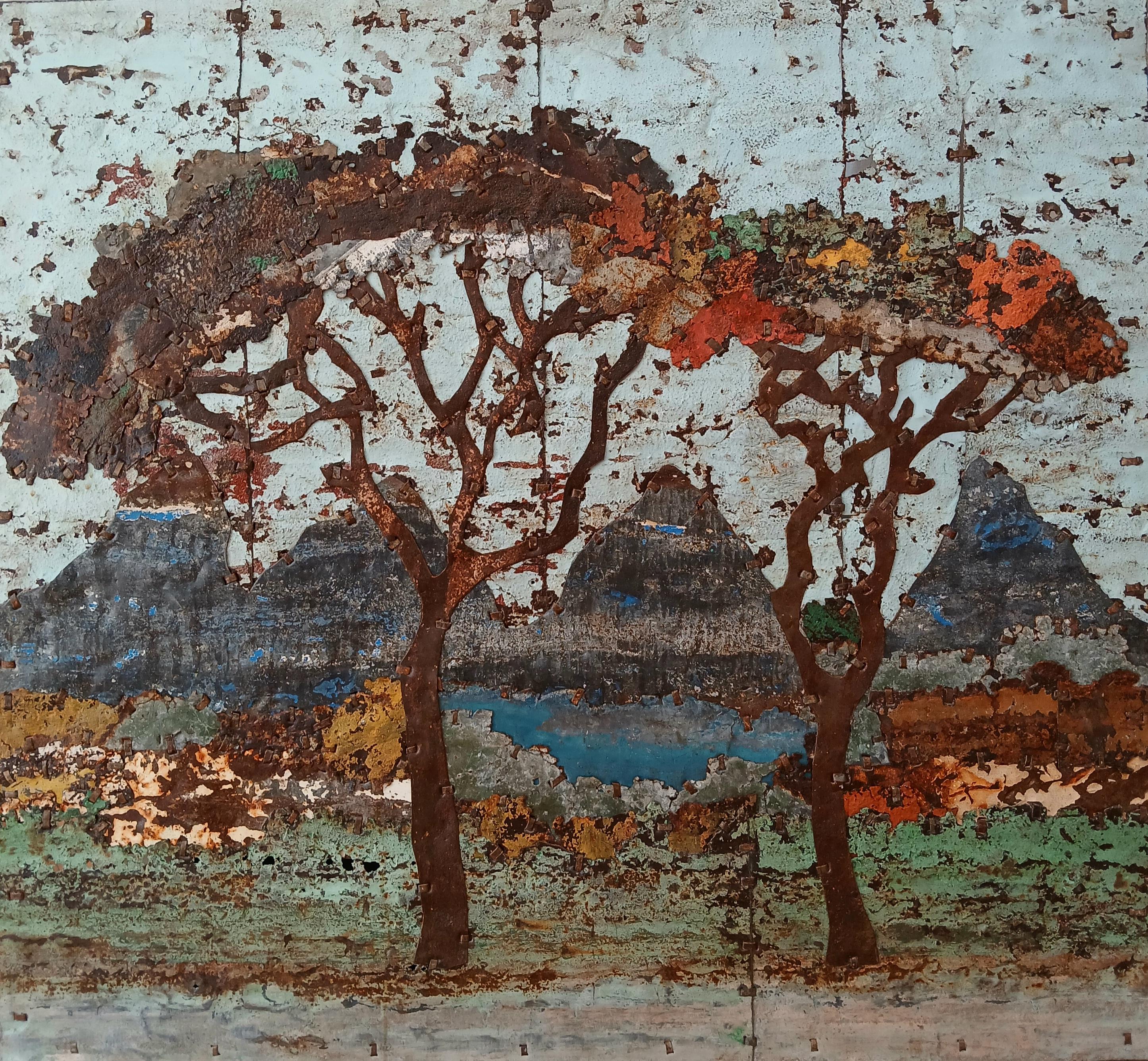 Earthy Abstract African Trees, Rusted Metal Composition "Farm Landscape Study 4"
