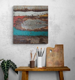 Composición abstracta terrosa de metal oxidado para paisaje "Estanque azul"