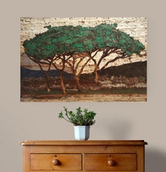 Erdige abstrakte afrikanische Landschaft Verrostete Metallkomposition "Green Trees Study"