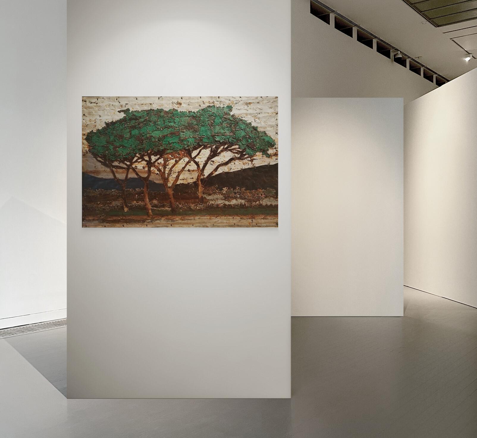 Earthy Abstrakte Baumlandschaft aus rostfarbenem Metall, Komposition „Green Trees Study“ im Angebot 3