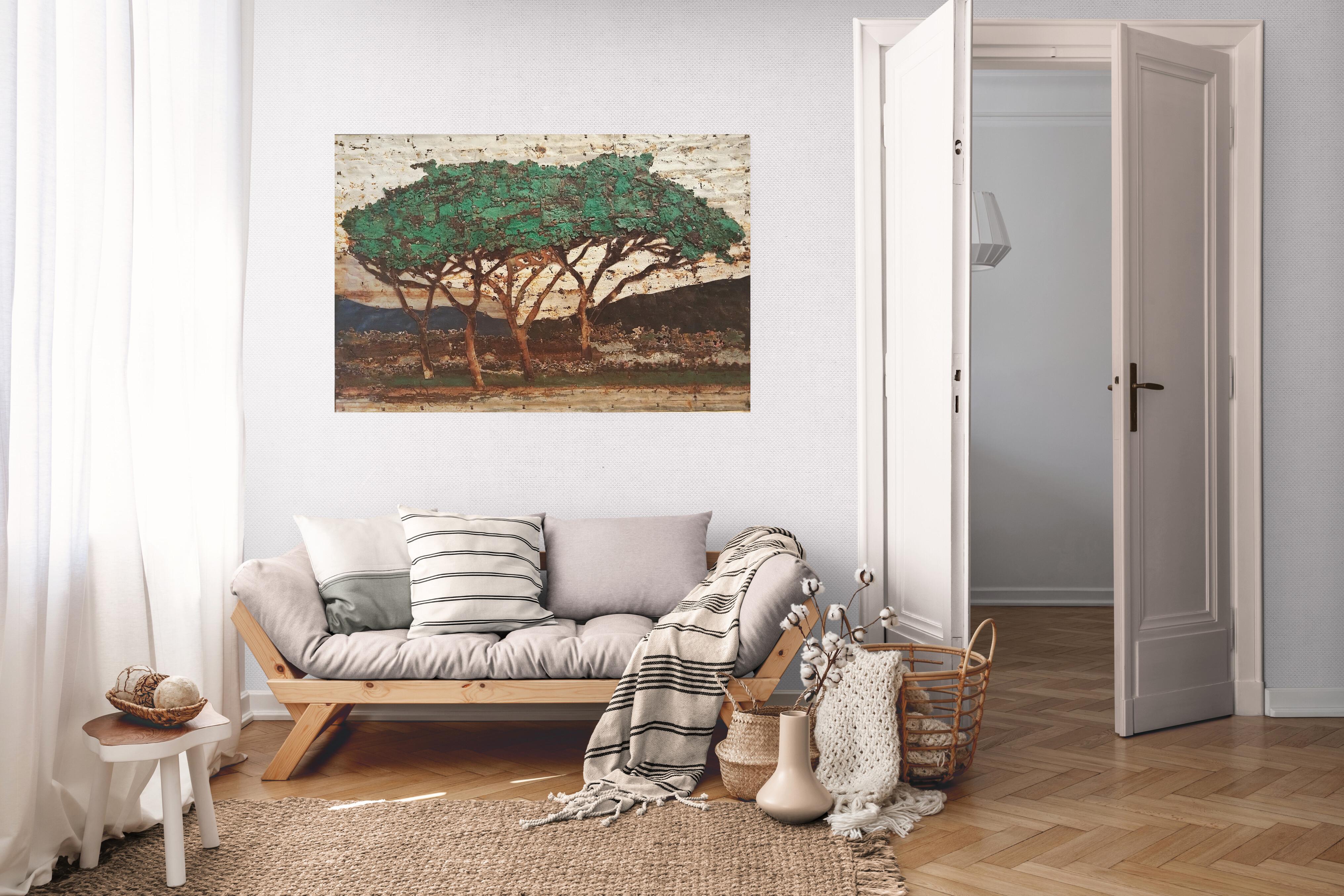 Earthy Abstrakte Baumlandschaft aus rostfarbenem Metall, Komposition „Green Trees Study“ im Angebot 4