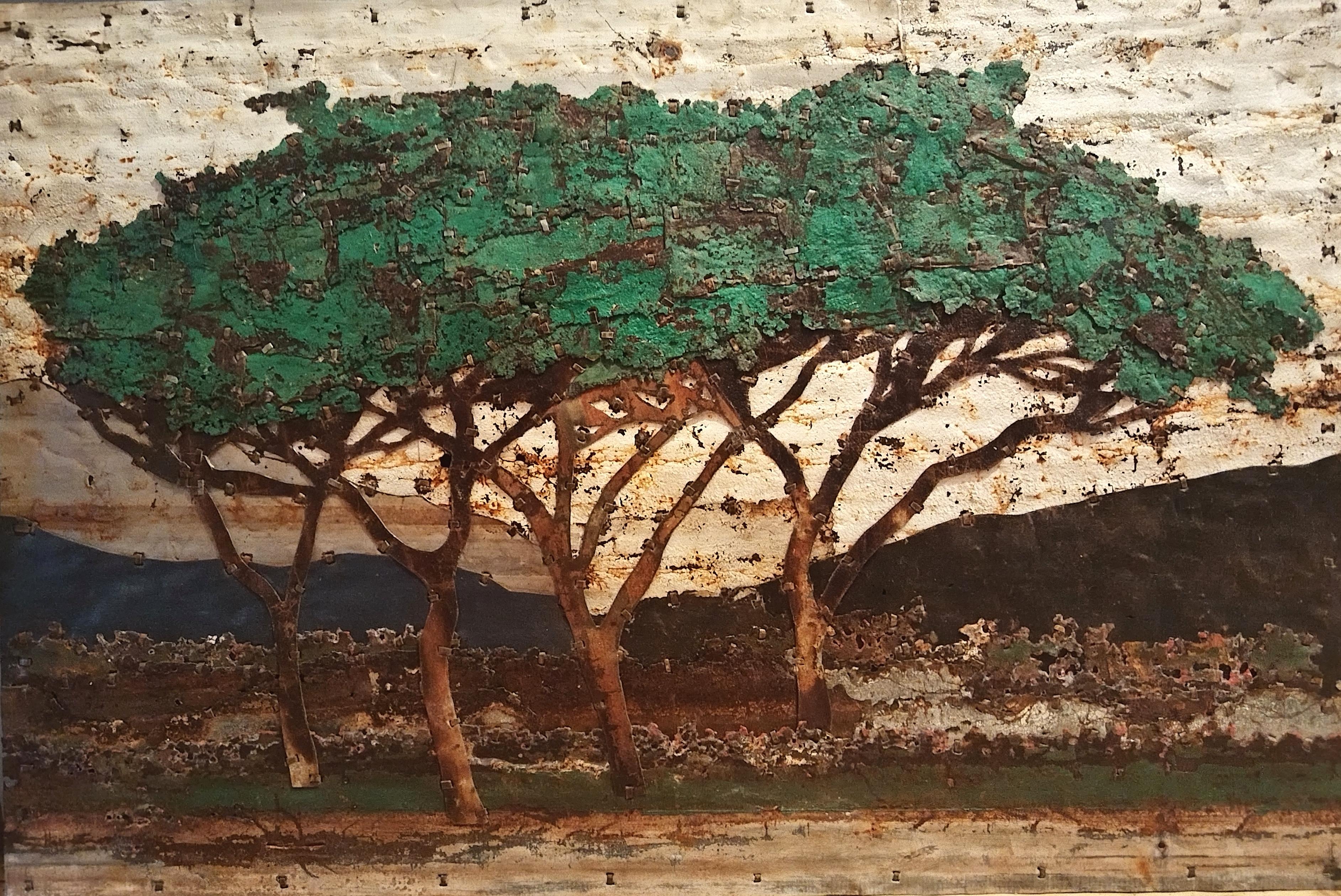 Albero astratto di terra Paesaggio Composizione in metallo arrugginito "Studio sugli alberi verdi"