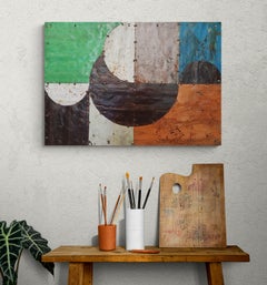 Composition africaine abstraite en métal rouillé vert et orange "Geometric Series 1"