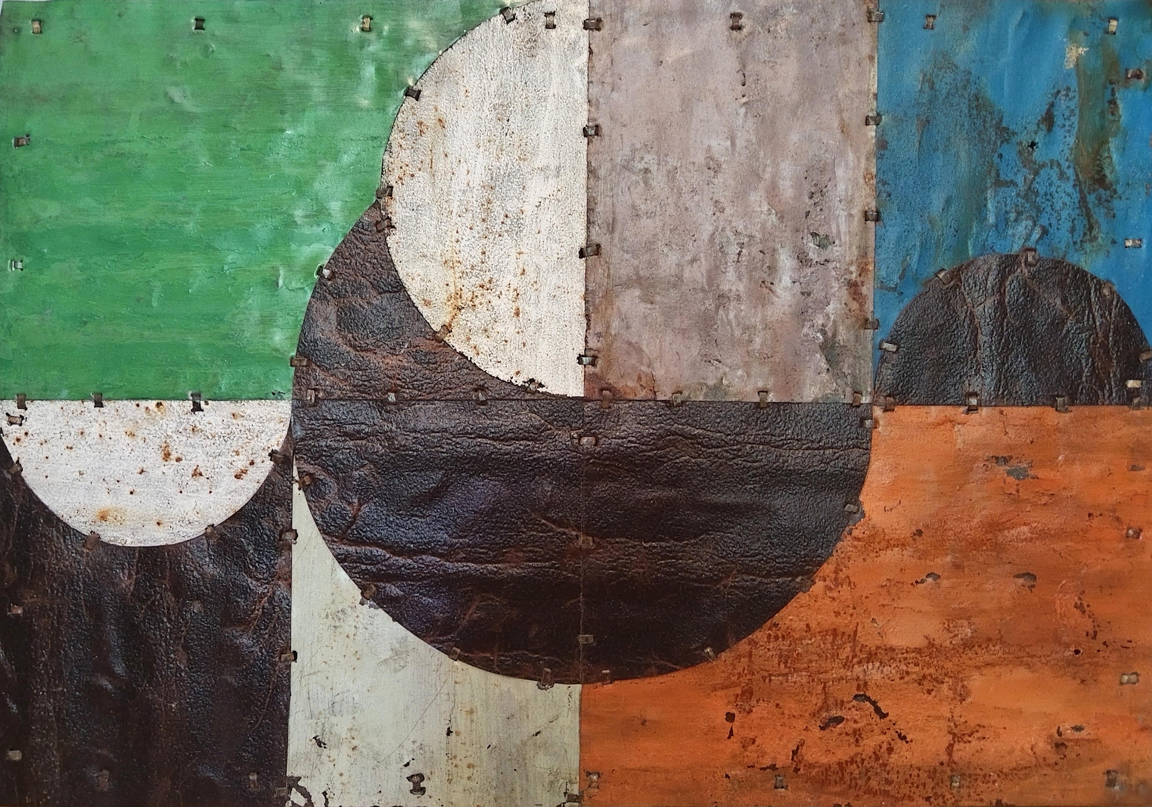 Composición abstracta de metal oxidado verde y naranja "Serie geométrica 1" - Art de Nyasha Mashumba
